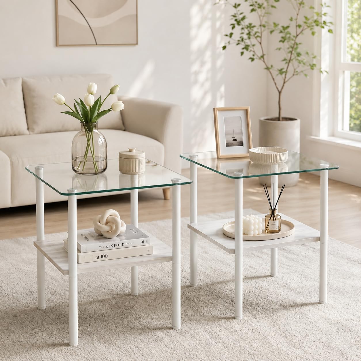 Glass Side Table Set of 2, 16.3'' Small End Table, Square Sofa Side Table with Tempered Glass Top and Metal Legs, Minimalist Accent Table for Living Room, Bedroom, Easy Assembly