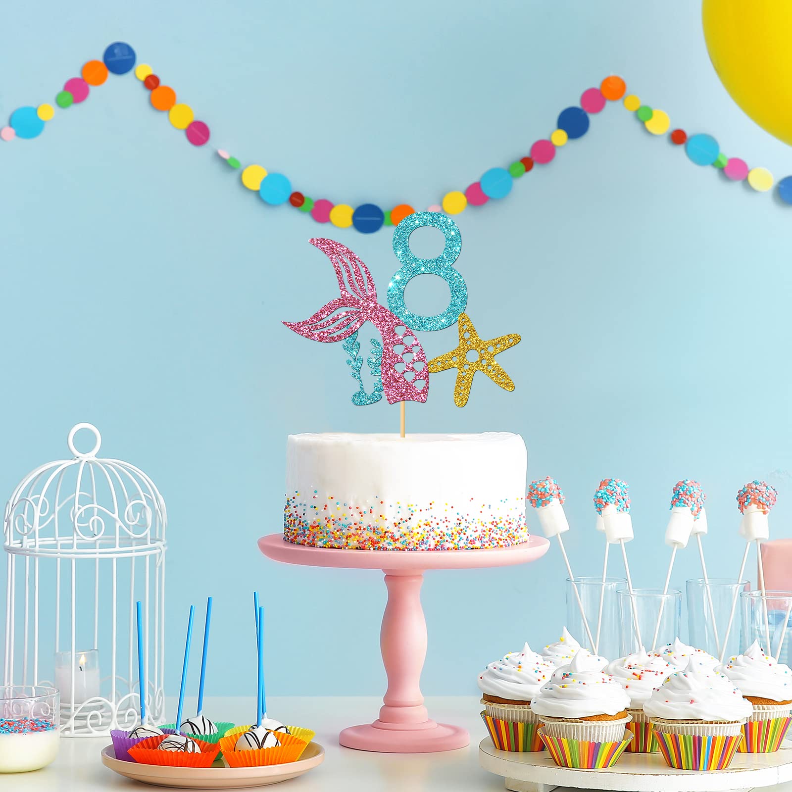 Meerjungfrau Happy 8th Birthday Cake Topper, Lila Glitzernd - Ozean-Thema Dekoration Für Kuchen