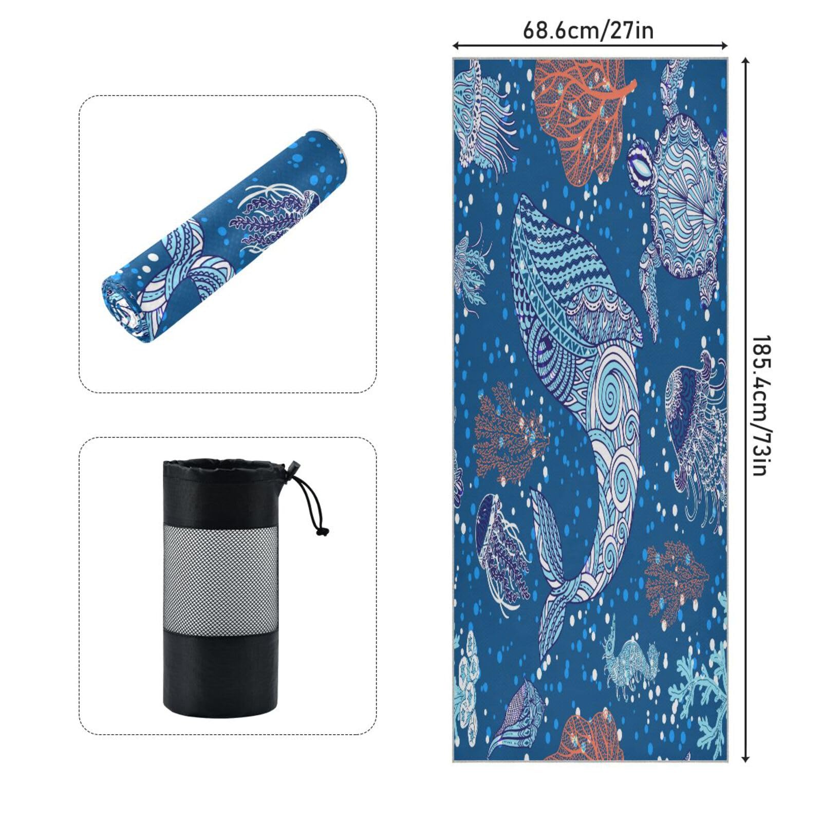 pnyoin Underwater Creatures Life Yoga Towel,Hot Yoga Mat Towel with Grip Dots Sweat Absorbent Non-Slip for Hot Yoga, 24