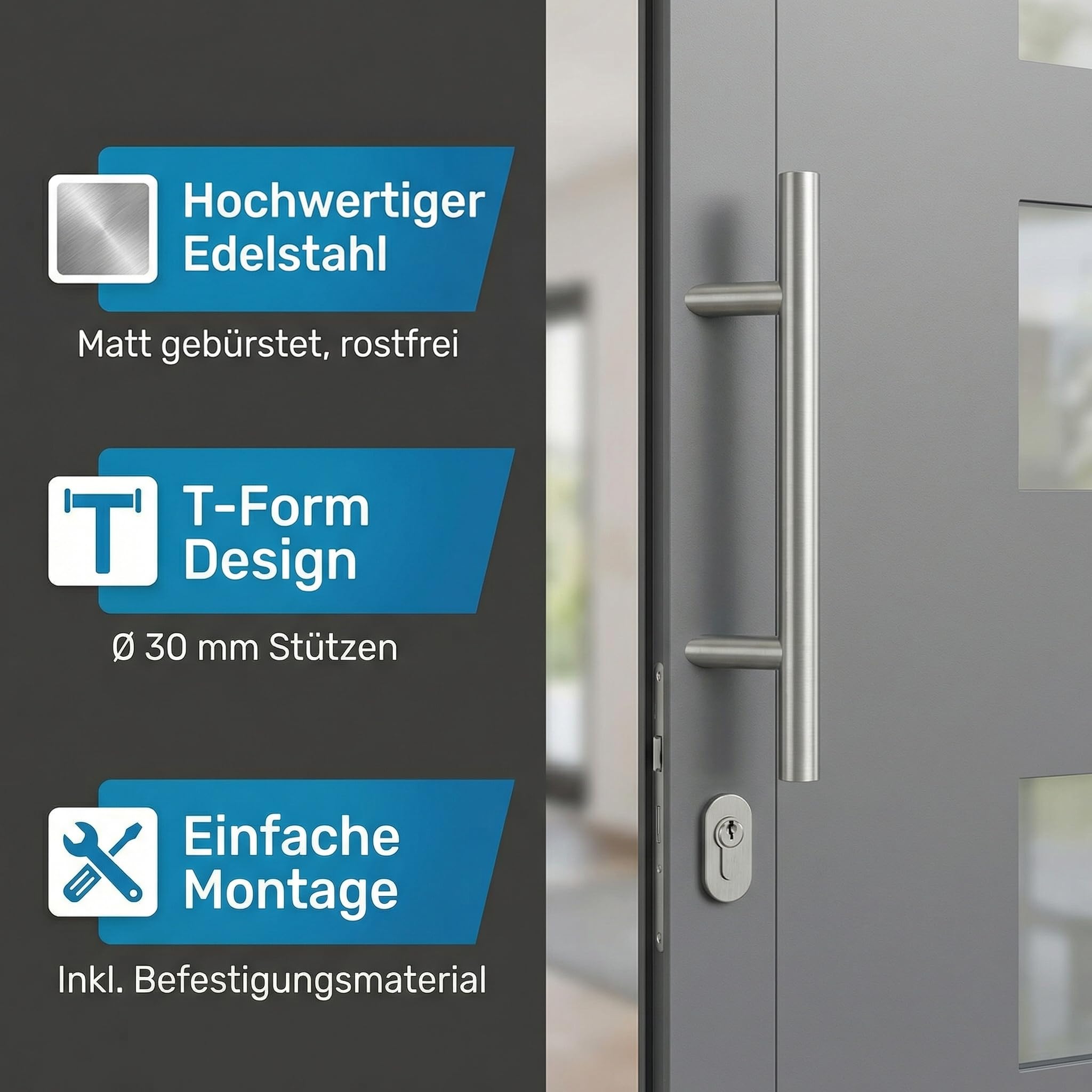 h heicko Vanessa Edelstahl Stoßgriff mit 45° Stützen – Haustürgriff Edelstahl matt gebürstet – Türgriff für Haus- & Schiebetüren – L = 320 mm/A = 200 mm – inkl. Montagematerial