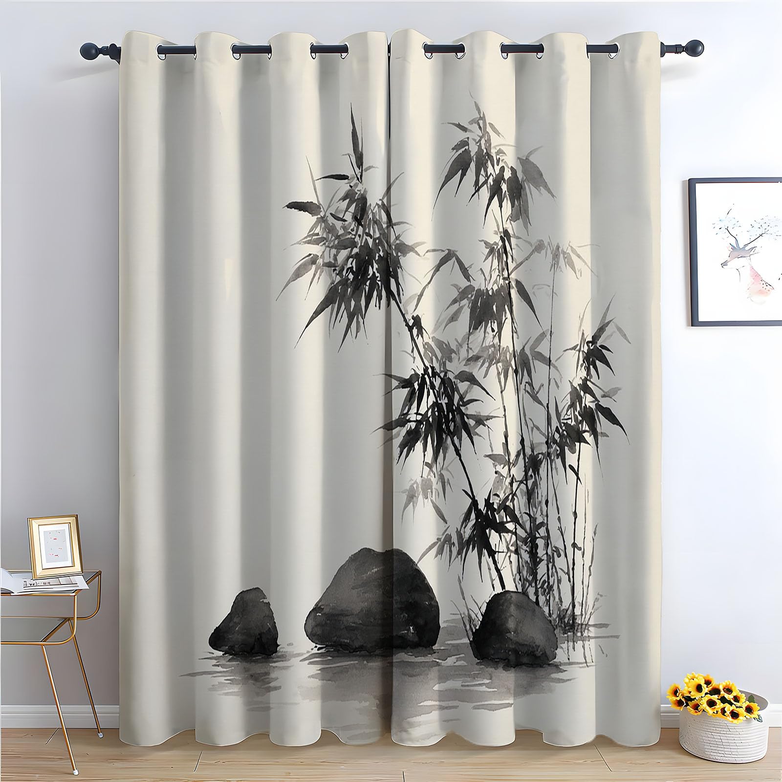 WQBQKKX Plant Curtains Window Ink Painting Black out Curtains for Living Room Thermal Insulated Eyelet Greenery Window Treatments Drapes-52 W x 108" L (Pack of 2)
