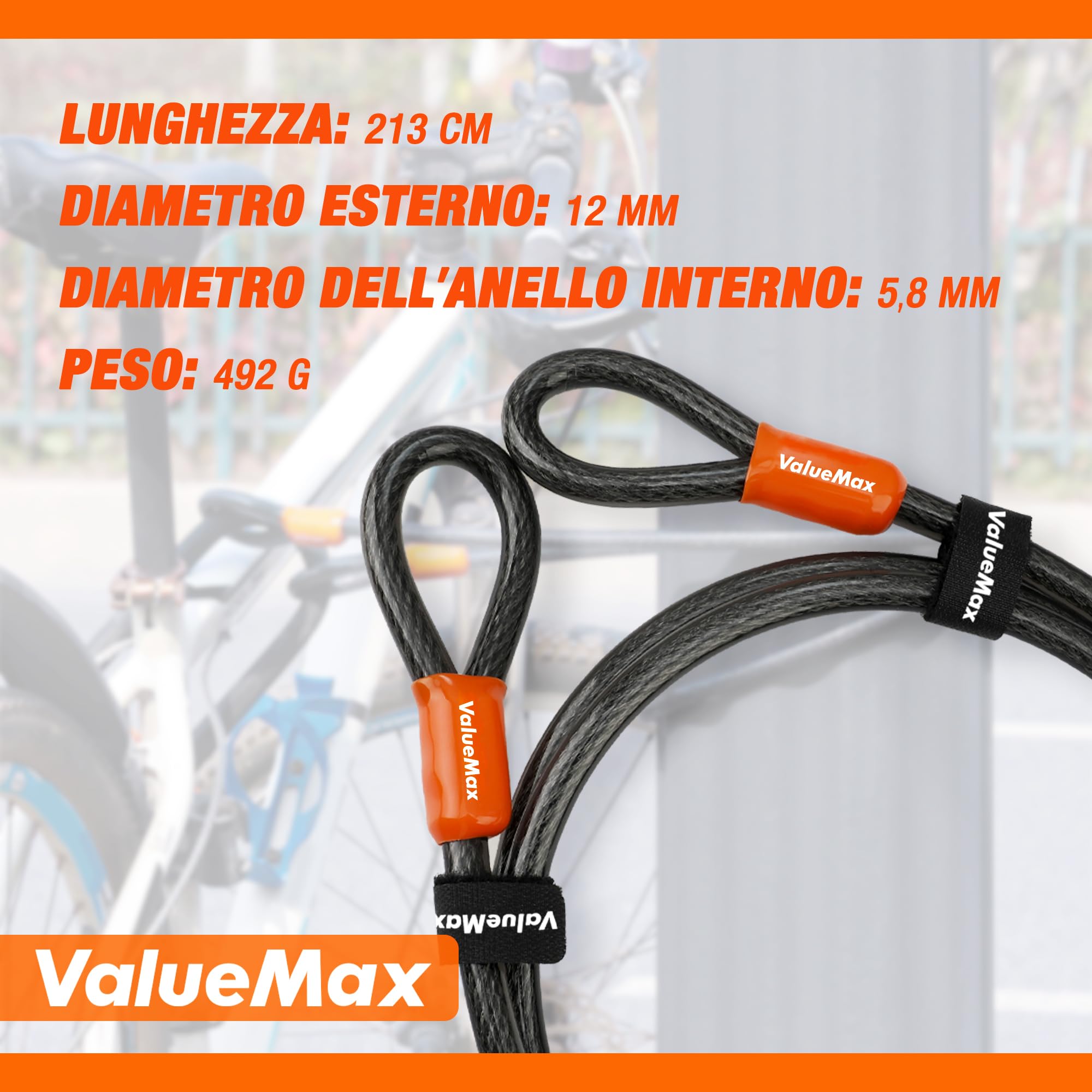 ValueMax Cavo di Sicurezza Bici 213cm x 12mm, Cavo Acciaio Doppio Anello con Rivestimento in PVC, per una Protezione Completa quando Utilizzato con Lucchetto a U