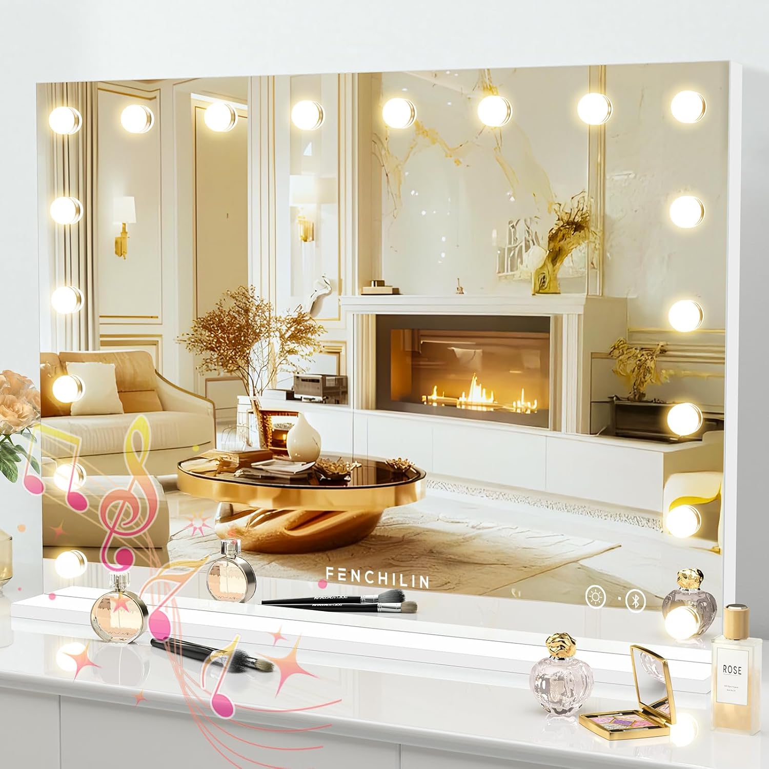 FENCHILIN Vanity Mirror with Lights and Bluetooth Speaker 22.8x 18.1 Makeup Mirror Lighted Hollywood Mirror with 15 Dimmable LED Bulbs USB Charge Port, 3 Color Lighting Modes