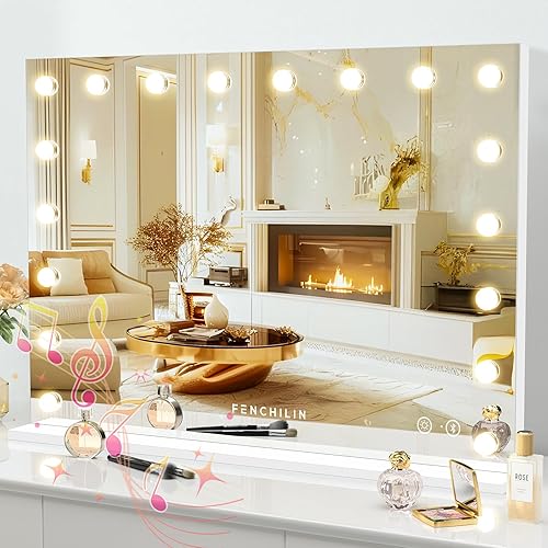 FENCHILIN Vanity Mirror for Makeup Bluetooth, Extra Large Hollywood Lighted Mirror with 18 Dimming LED Bulbs Smart, Tabletop/Hanging Cosmetic Mirror with Touch Screen & USB Charging Port & Speaker - 80*58cm