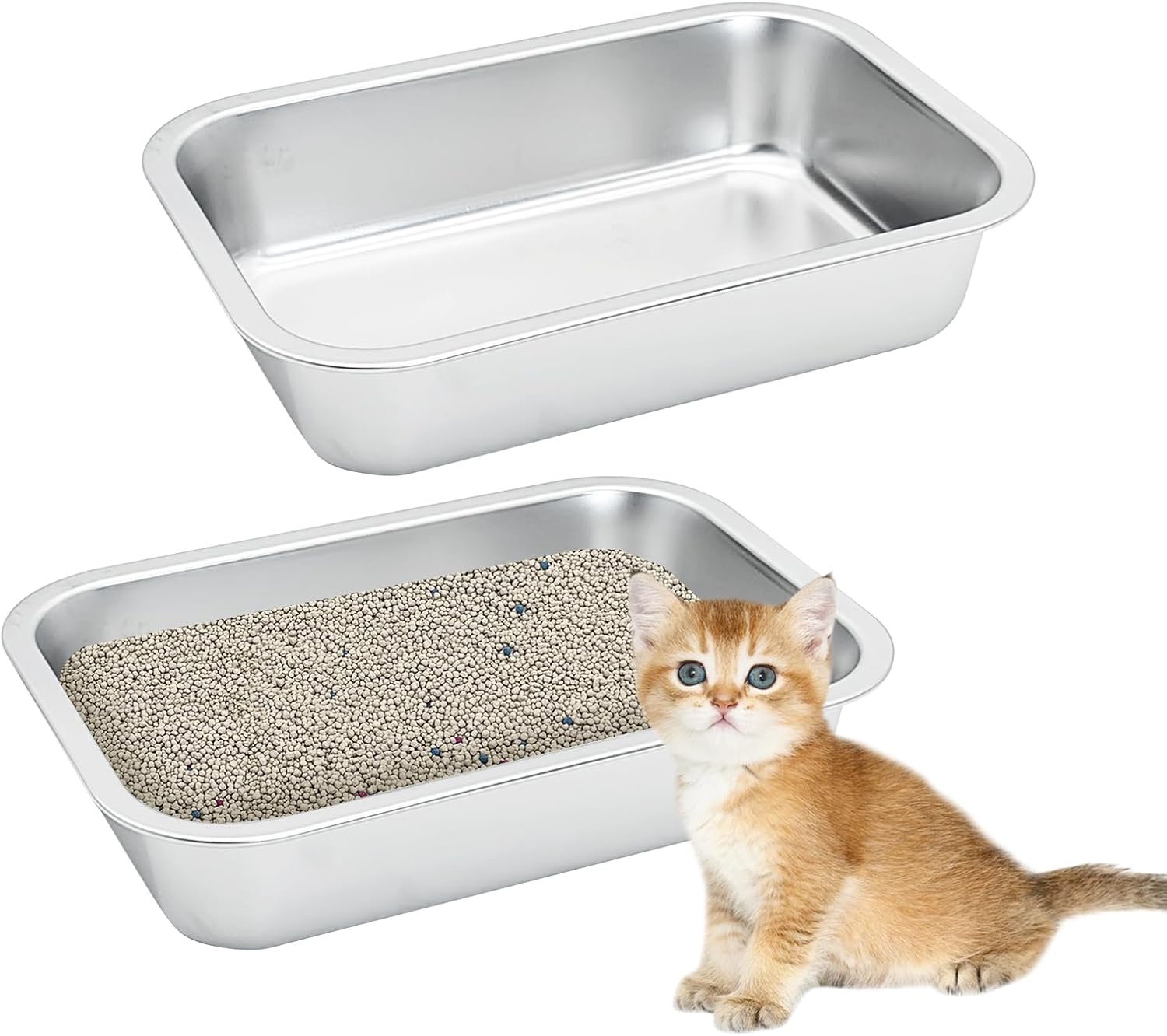 Fhiny 2 PCS Stainless Steel Kitten Litter Box, Small Size Low Entry Metal Cat Open Litter Pan Potty Kitten Training Toilet Odor Control Smooth Surface(M:12.6 x 8.7 x 2.8 in)