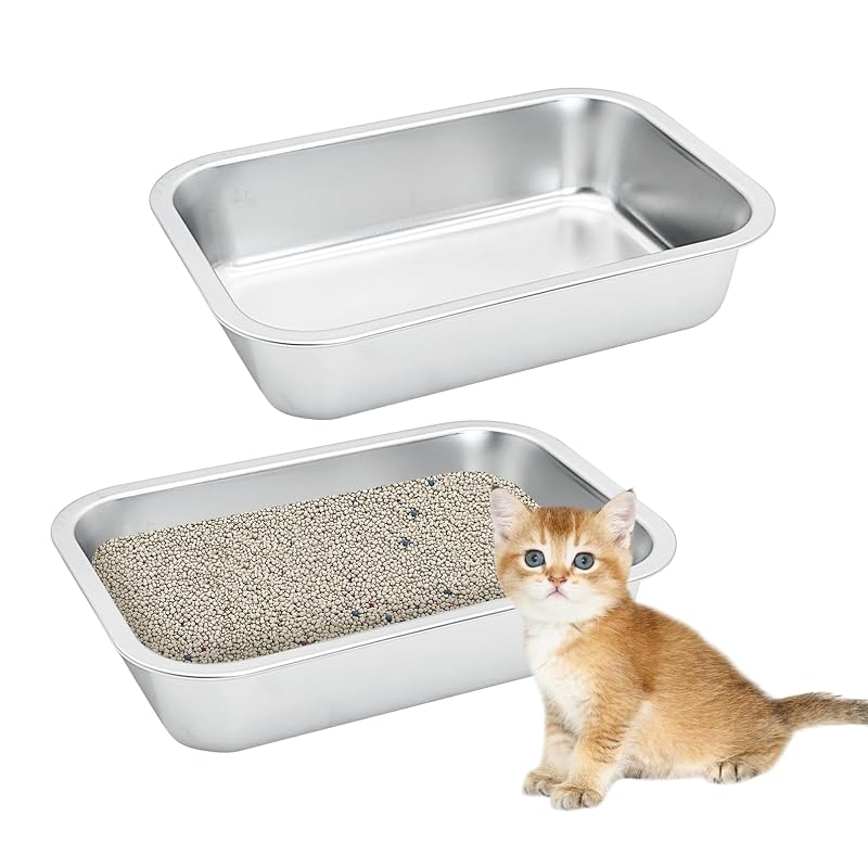 Caixa de Areia para Gatos em Aço Inoxidável com Entrada Baixa Fhiny, Tamanho M, Pacote com 2