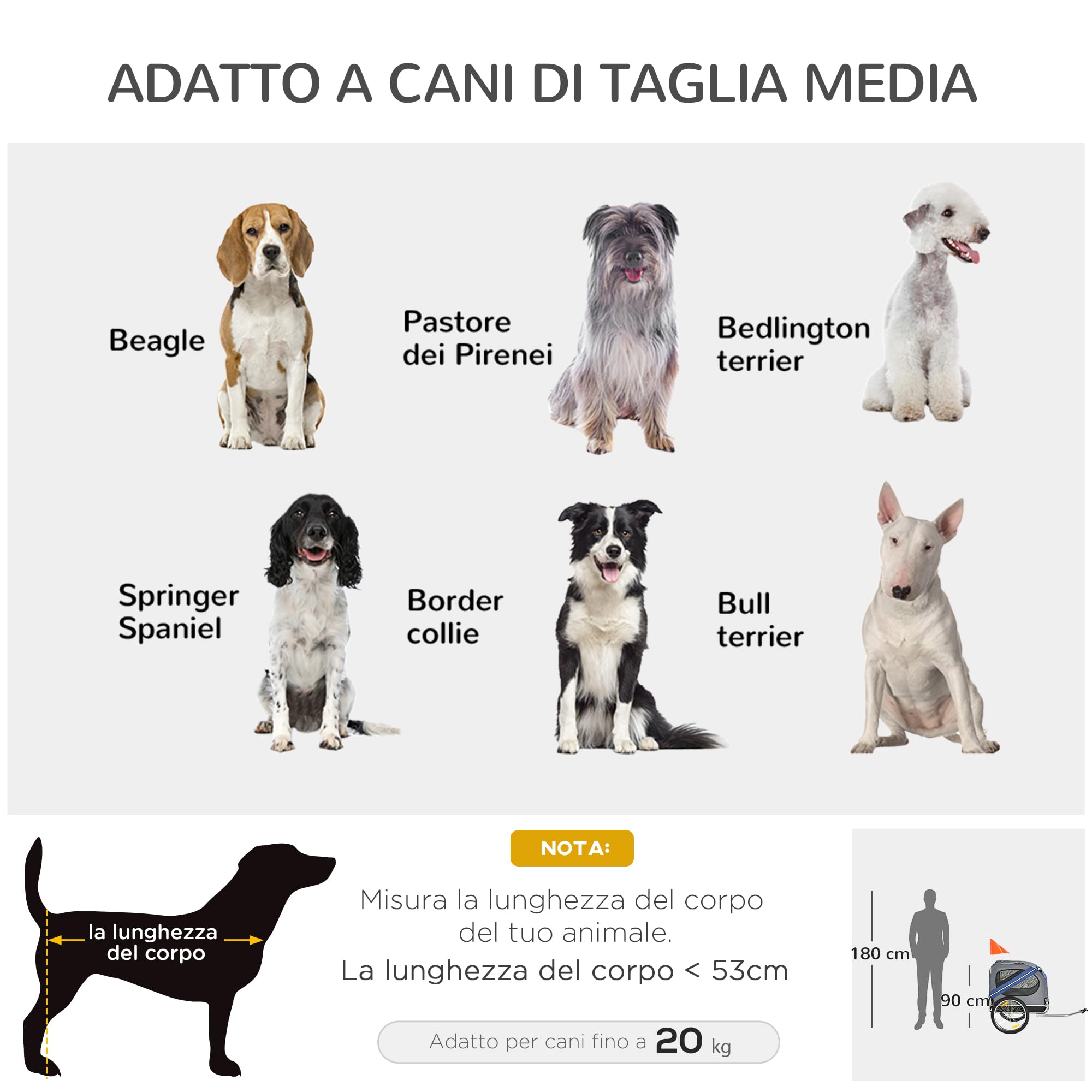PawHut Rimorchio da Bicicletta per Cani e Gatti 2 Grandi Ruote da 50cm Buona Ventilazione Bandiera di Sicurezza Resistente alle Intemperie Acciaio e Tessuto Oxford