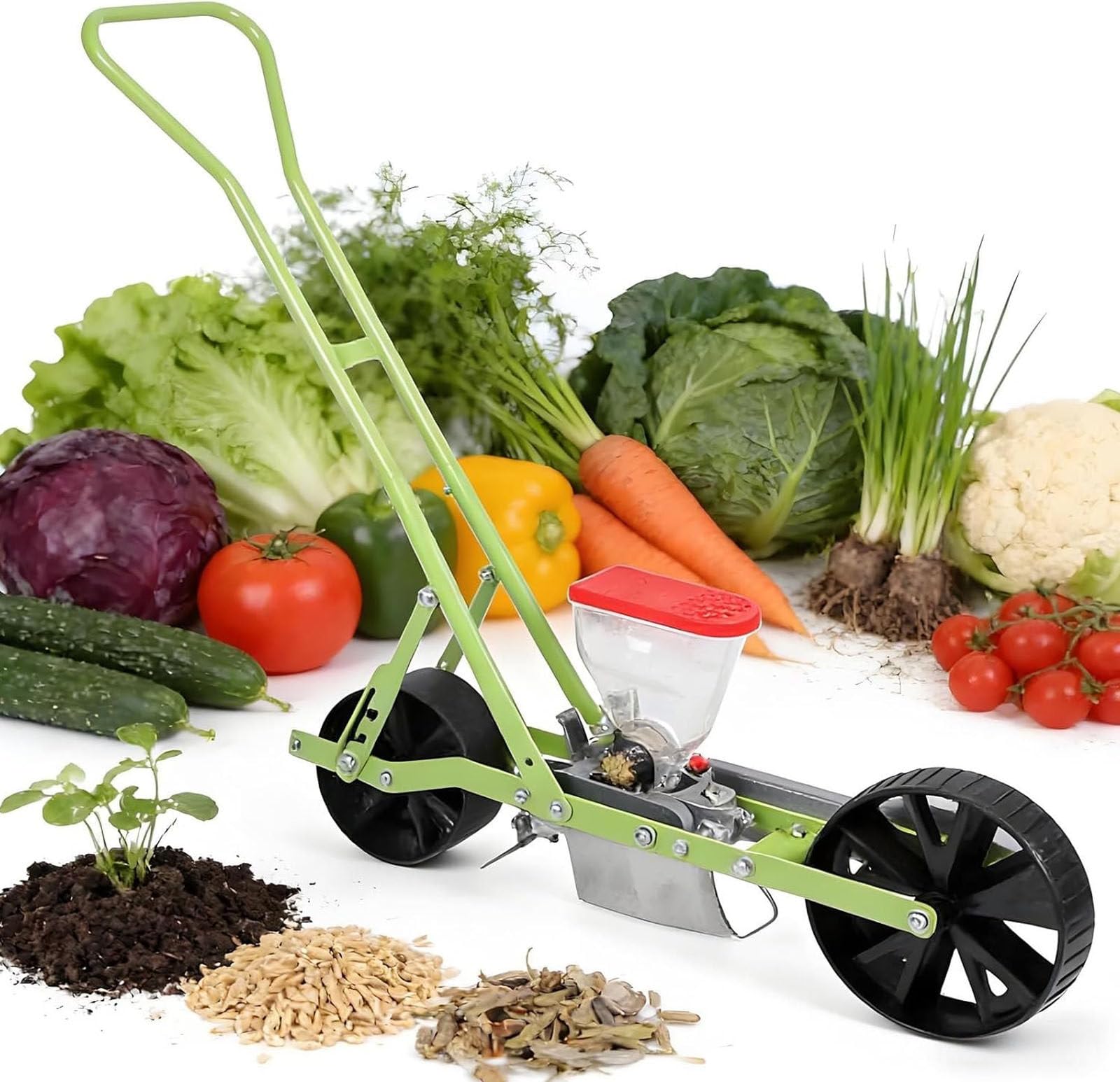 Drmoxin Hand-Pushed Vegetable Planter,Adjustable Row Spacing/Plant Spacing/Depth,Hand Push Seeder with Wheels,for Sowing Corn Leeks Spinach Radishes, Leeks 1row