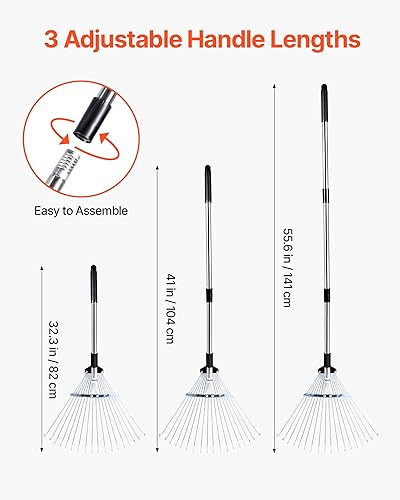 Miniatura 4 de VEVOR Rastrillo de hojas, 18 dientes de metal, rastrillo de jardín ajustable para césped con cabeza de 7.7 a 17.1 pulgadas y mango largo de 32.3 a