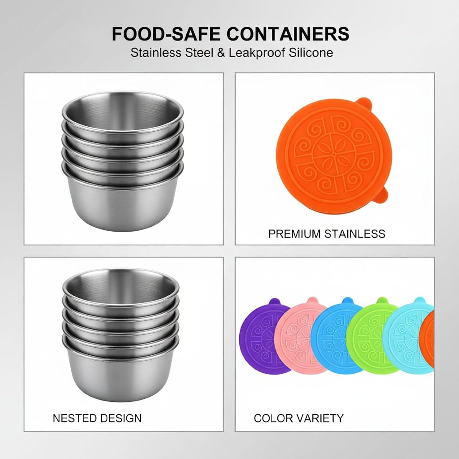 18 Pcs Salad Dressing Cups, Small Portable Dipping Sauce Containers, Leakproof Reusable Stainless Steel Sauce Cups with Colorful Silicone Lids, 1.35/1.69/2.37 Oz Containers Set