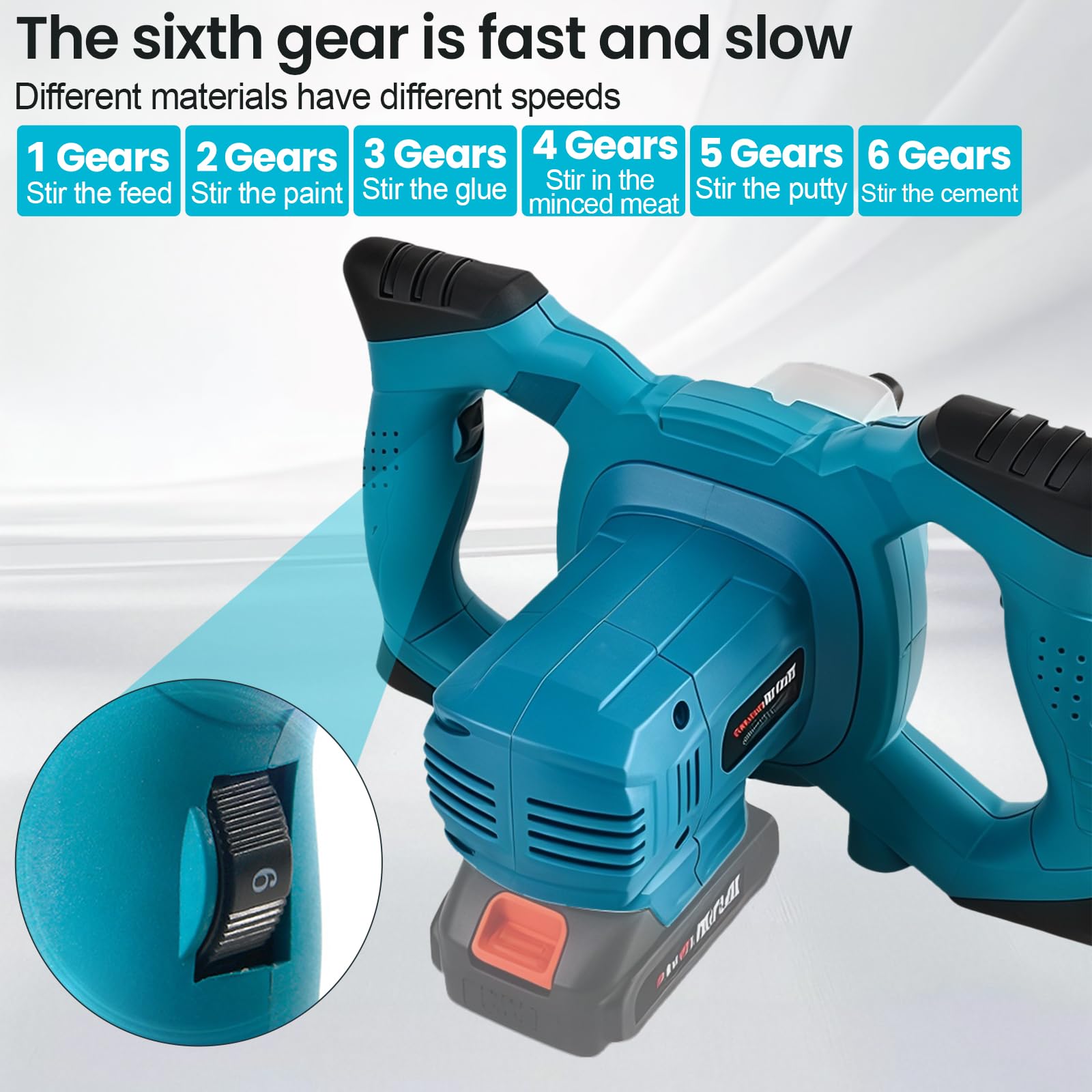 Malaxeur Mortier Colle avec 2 Batteries 1500mah,Mélangeur à Béton 6 Vitesses,900rpm,Tige Spirale M14,Betonniere Électrique Pour Mélanger Aliments,Plâtre,Peinture,Ciment,Mortier (Bleu)