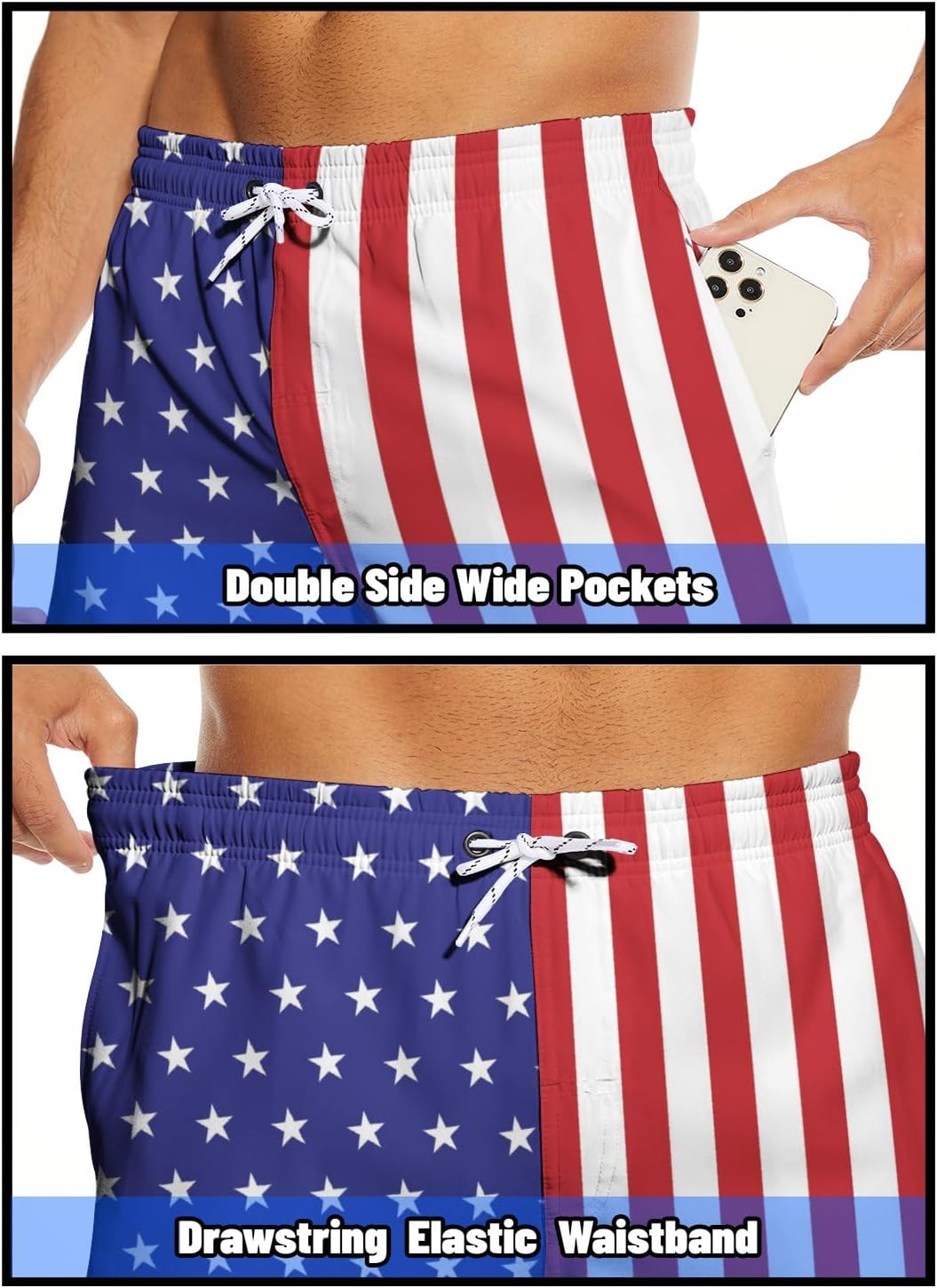 Men's Swim Trunks with Compression Liner 7" Inseam Stretch Beach Shorts Quick Dry Funny Board Shorts with Pockets