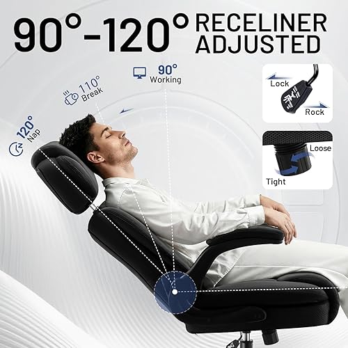 Miniatura 4 de Silla de oficina ergonómica con reposacabezas ajustable, silla de escritorio ejecutiva de piel sintética, reposabrazos abatibles acolchados, soporte