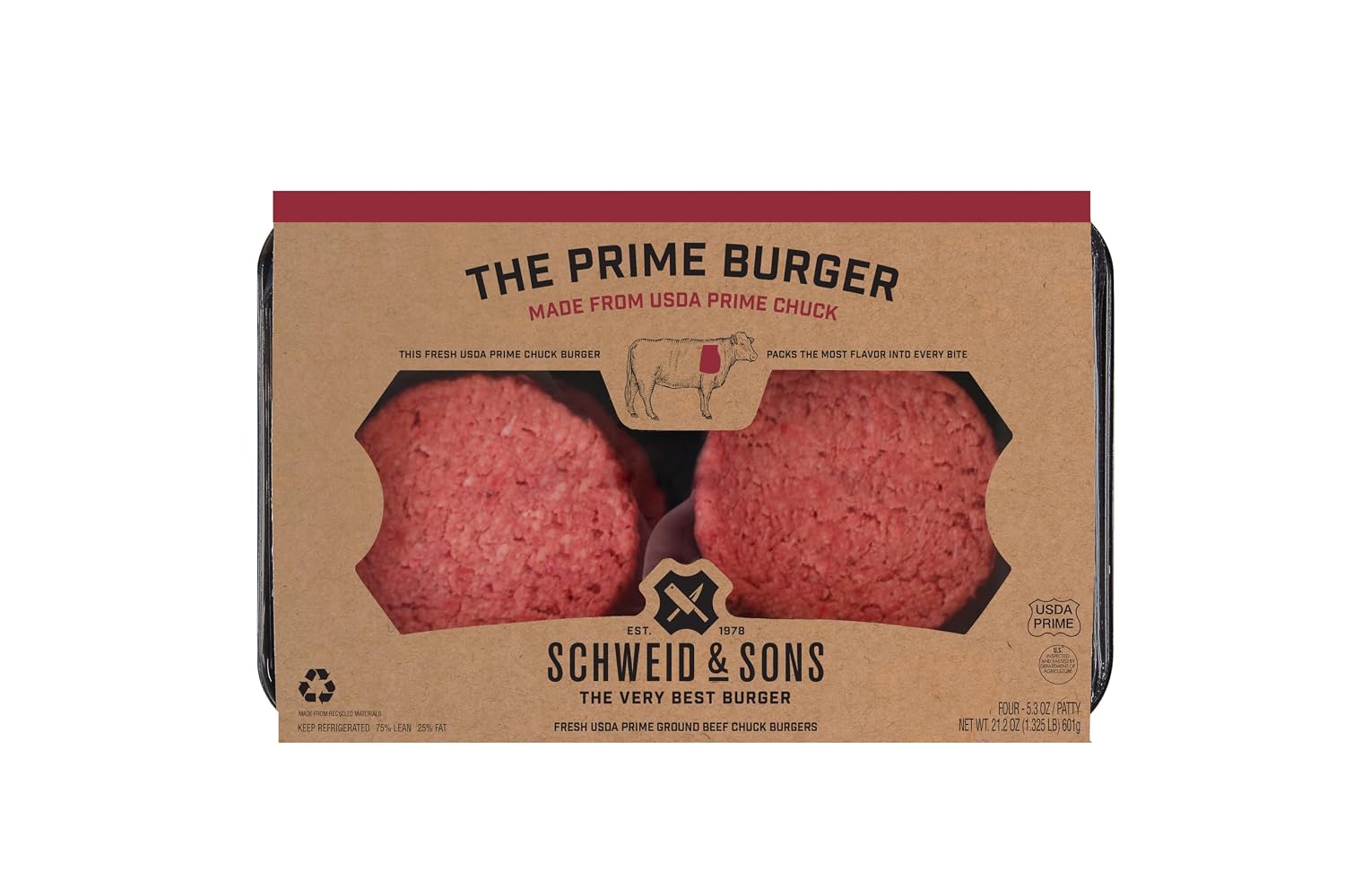 Schweid & Sons The Prime Burger: USDA Prime Beef Chuck Patties, 75/25 Lean, 5.3oz x4 Pack – Juiciest Flavor
