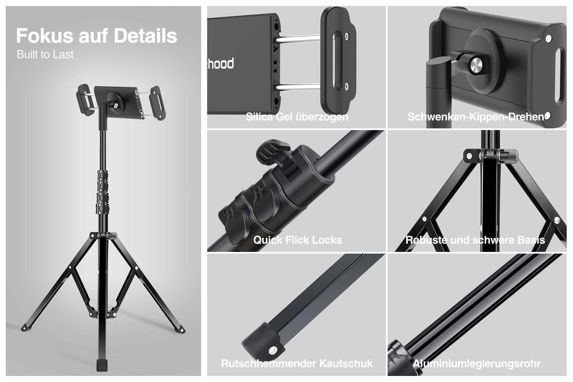 elitehood Aluminium Tablet Stativ Halterung - Tablet Ständer Höhenverstellbar bis 65'' Halter Stativ für iPad Pro 9.7, 10.5, 12.9, Air, Mini, iPhone 4.7-13 Zoll
