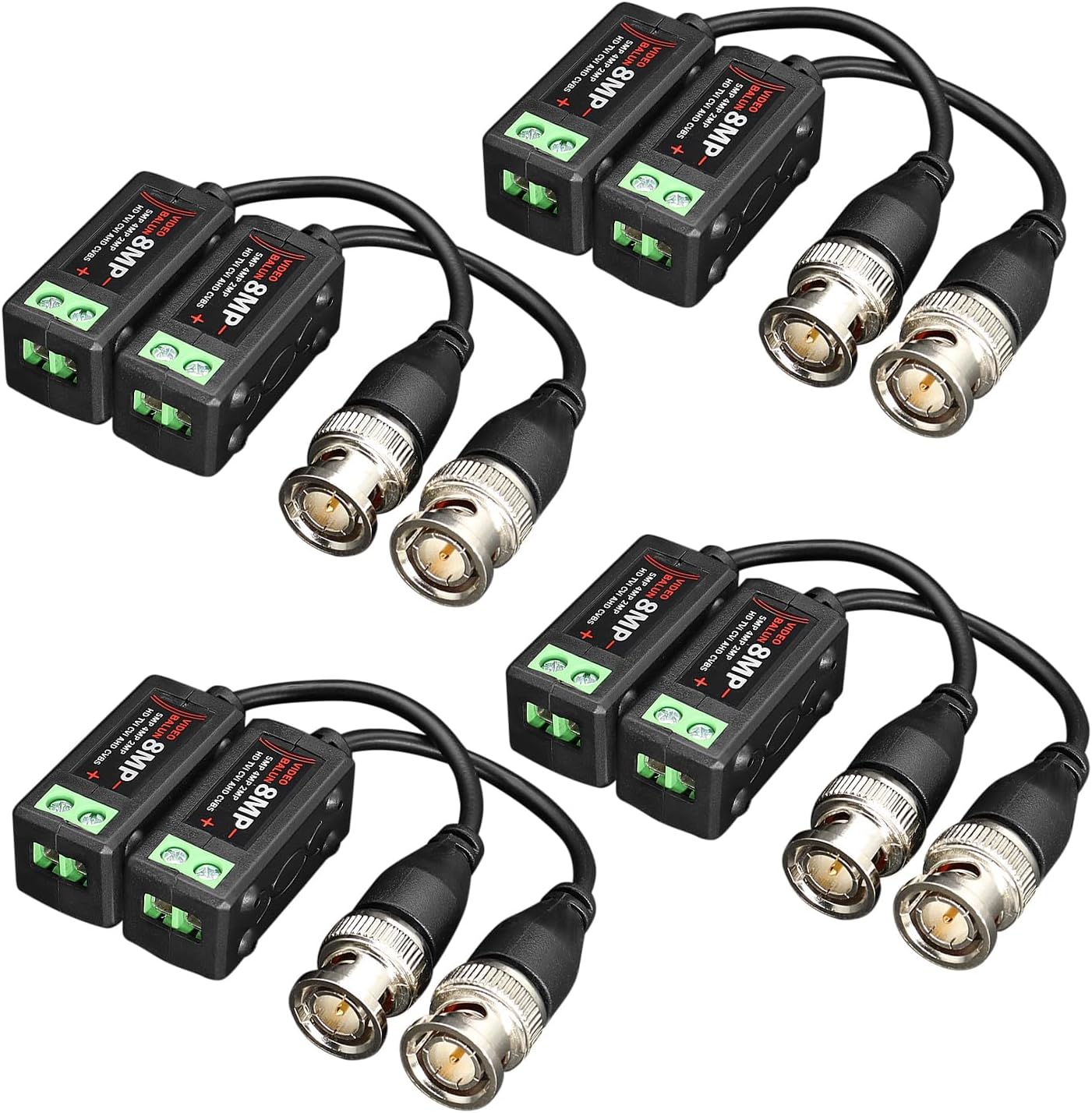 4 Pairs 4K 8MP HD Passive Video Balun Connectors, CCTV BNC Passive Video Balun Transceiver for BNC Male Cable via CAT5/5E/6 Twisted Pair Transmitter CCTV Camera System (4 Pairs, Screw Type)