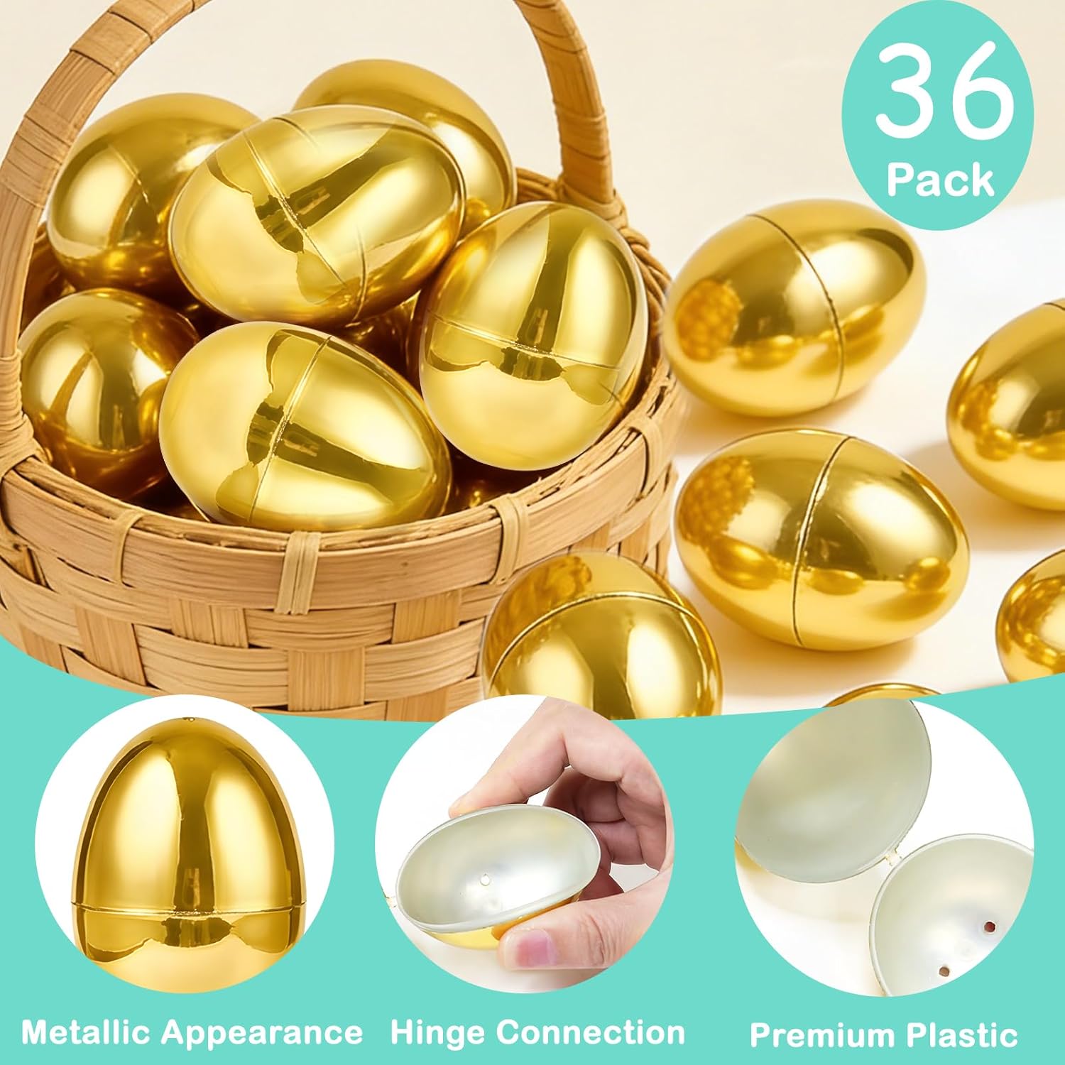 AMENON 3.15" Golden Easter Eggs, 36PCS Fillable Plastic Eggs Empty Surprise Gold Eggshells with Hinge for Easter Hunt Easter Basket Stuffers Fillers Classroom Prize Supplies Filling Treats Party Favor