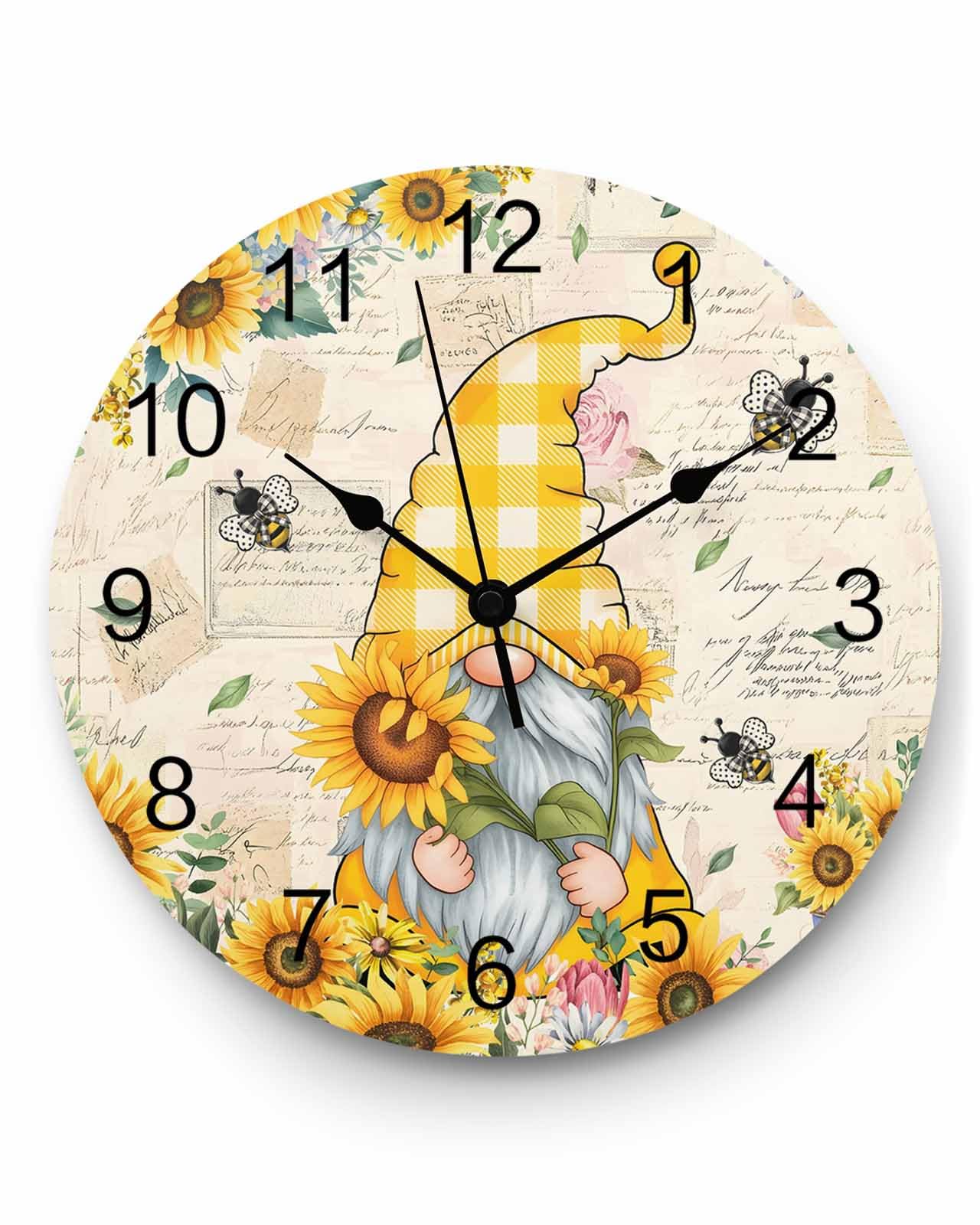 Ensound Wall Clock Yellow Sunflower Gnome Clocks Wooden Silent Non-Ticking Battery Operated Decorative Bee Farmhouse Floral Round Clock for Home Living Room Kitchen Bedroom Office School 12 Inch