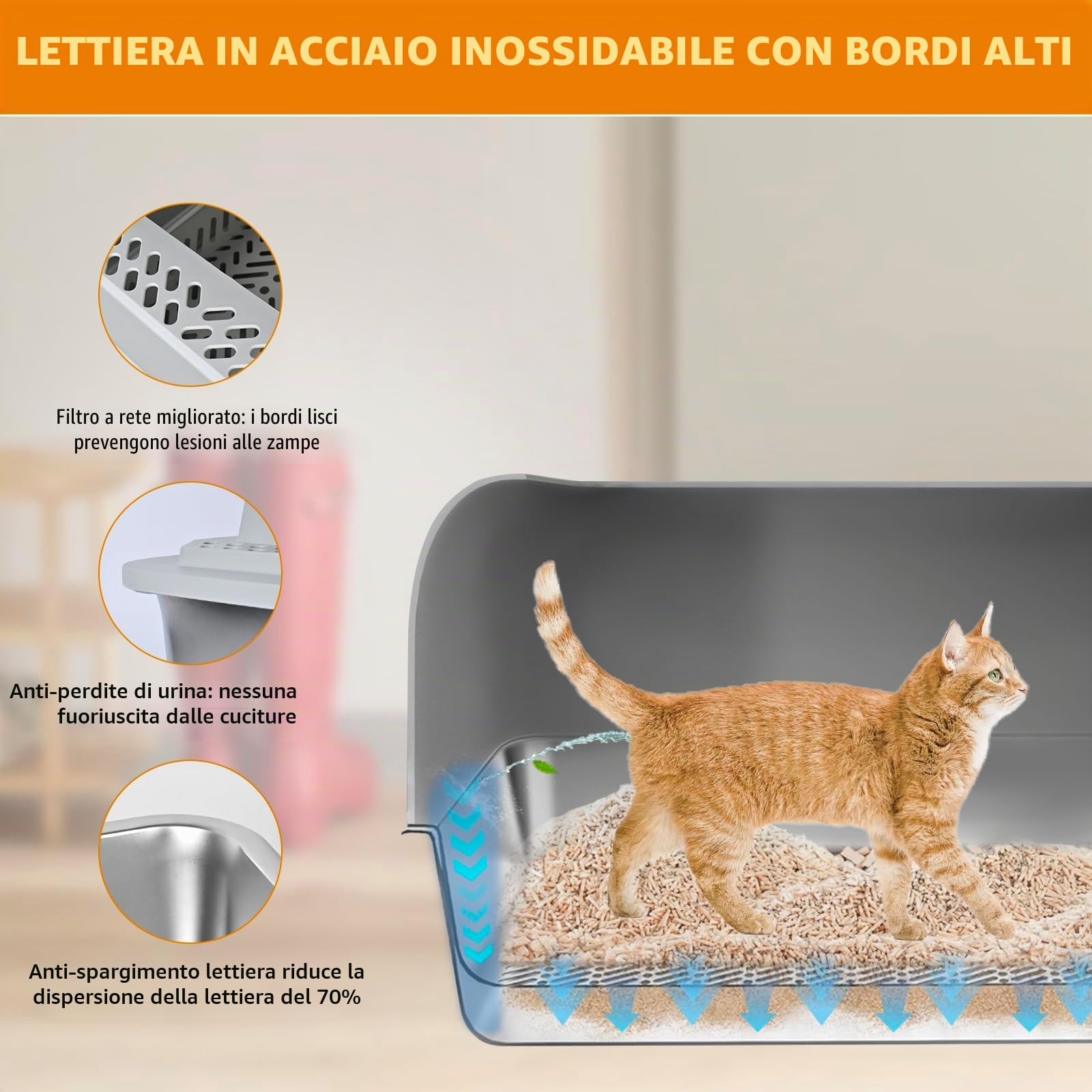 Homegroove Vassoio filtrante in acciaio inossidabile per pellet di pino, 60 x 40 x 35,5 cm XXL lettiera XXL in metallo con coperchio per gatti da interno, vassoio filtrante per gatti con setaccio in