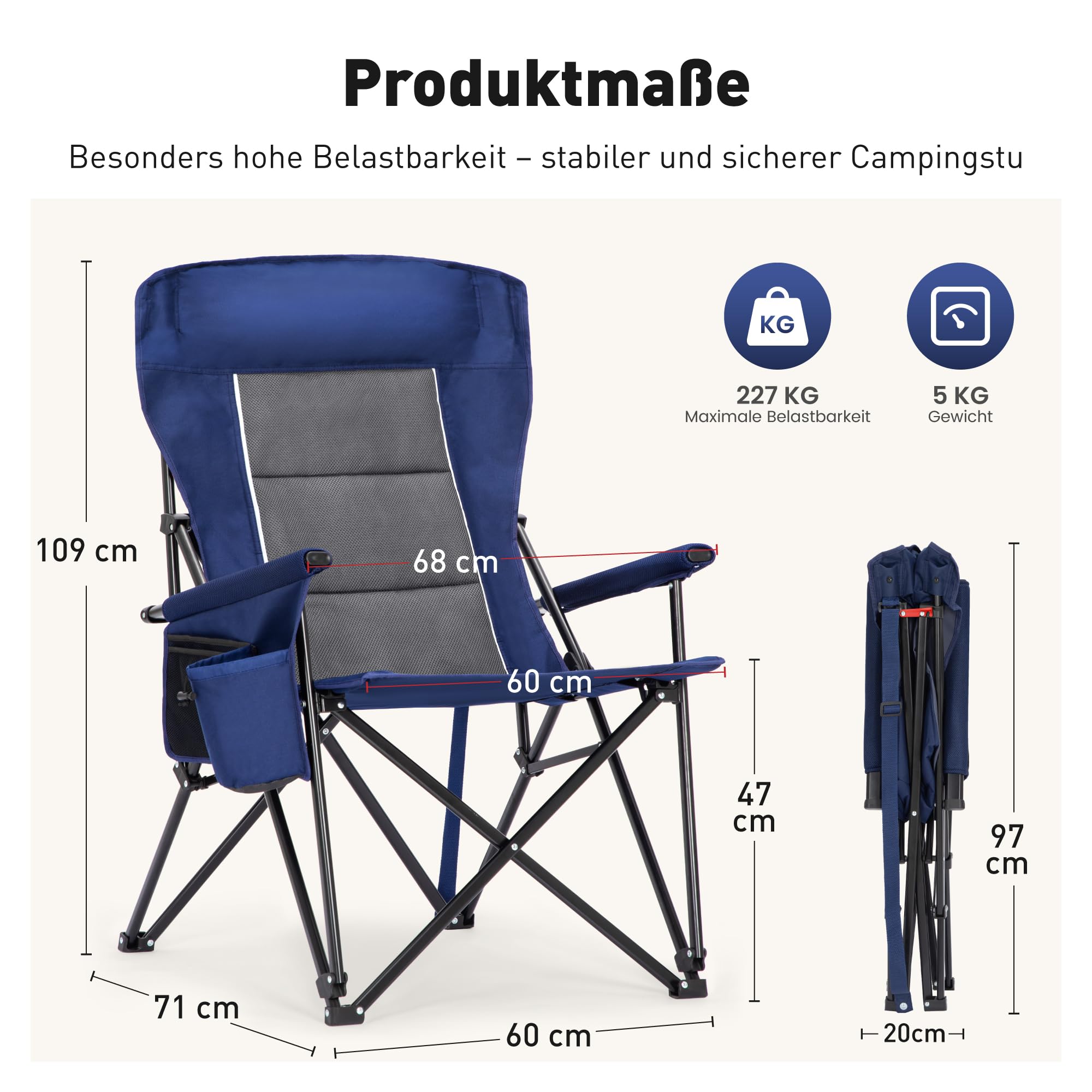 HIGH POINT SPORTS Campingstuhl Faltbar 225kg Klappstuhl Gepolstert Blau | Outdoorstuhl mit Kopfstütze Getränkehaltern Faltbarer Angelstuhl XXL mit Armlehnen
