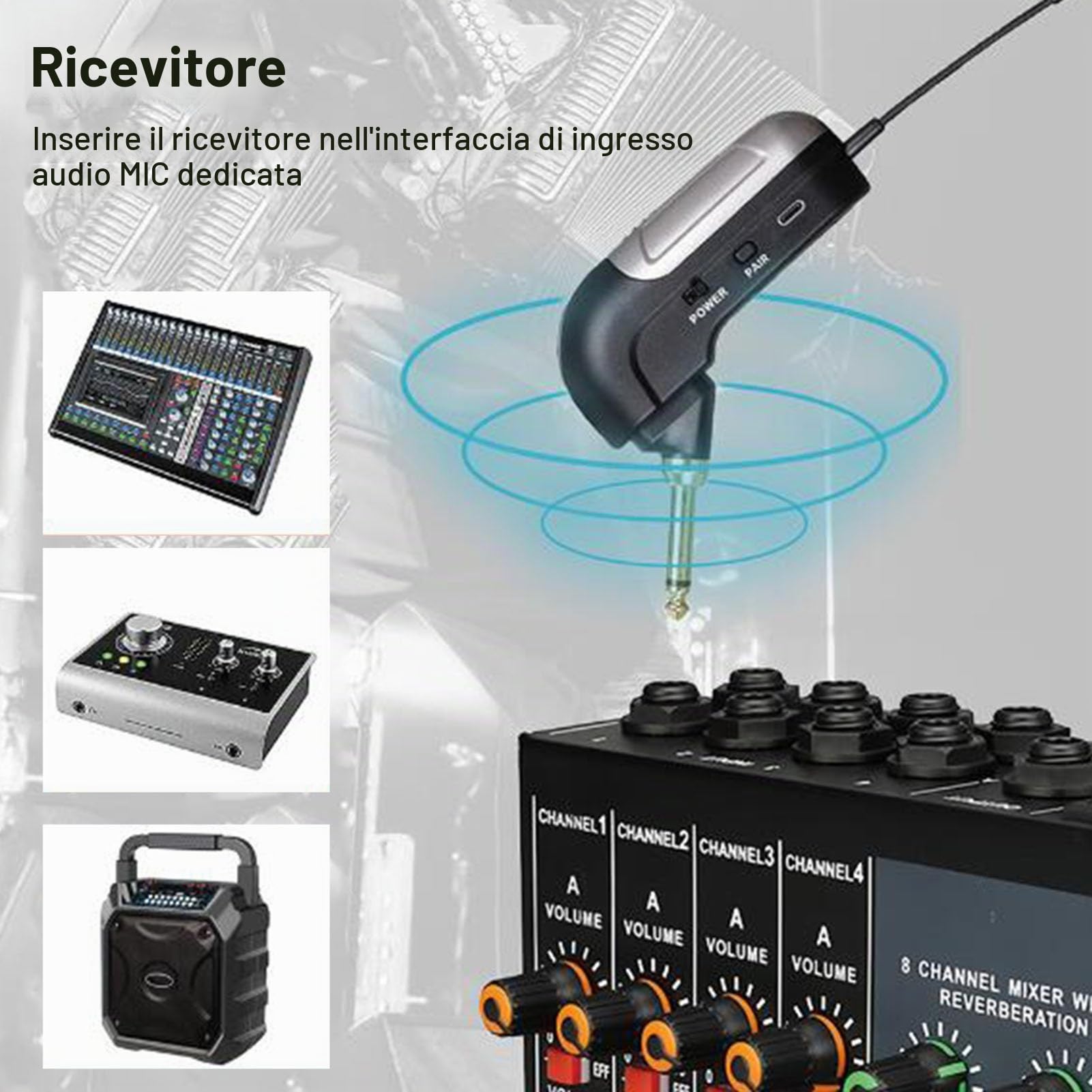 Jectse Microfono Wireless per Fisarmonica UHF, Pickup a 360 Gradi Suono Chiaro, Raggio D'azione di 30 M, Durata della Batteria di 6 Ore, con Ricevitore, per Spettacoli Sul Palco Ed