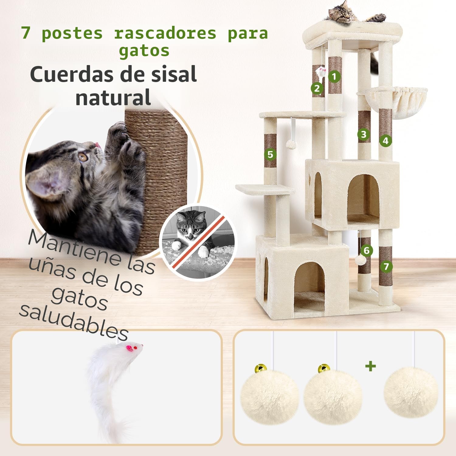 Globlazer Árbol Rascador Grande Beige Estable con Bases 72 * 45CM, 2 Grandes Nidos, Plataformas Acolchada Superior, Felpa Cesta, Rascador Alto 156 cm para Gatos Grandes Descansar Jugar (F61, Beige) | Árbol para gatos con 2 columnas para rascar de sisal, f