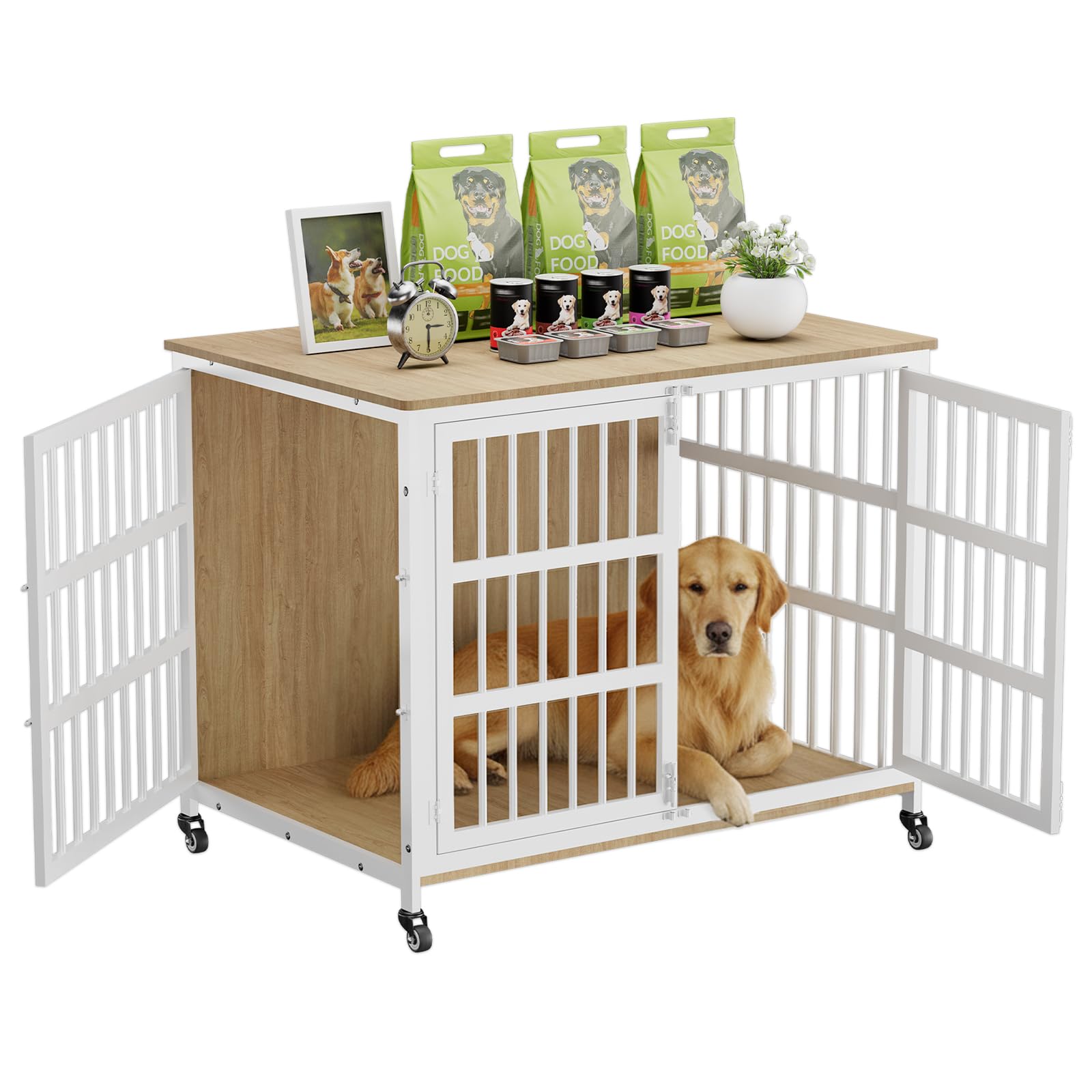 42" Furniture Style Large Dog Crate with Wheels, Metal Chew-Resistant Dog Kennel Indoor for Large &amp; Medium Dogs, 41.9" W x 28.3" D x 31.7" H, Decorate House as TV Stand, End Table — Natural and White