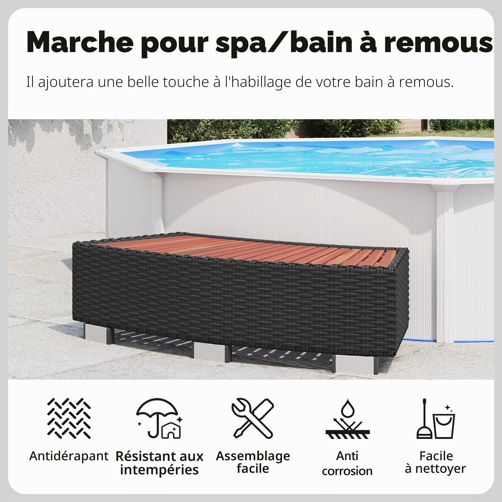 vidaXL Marche pour Spa de Jardin Noir Résine Tressée Cuve Thermale Extérieur