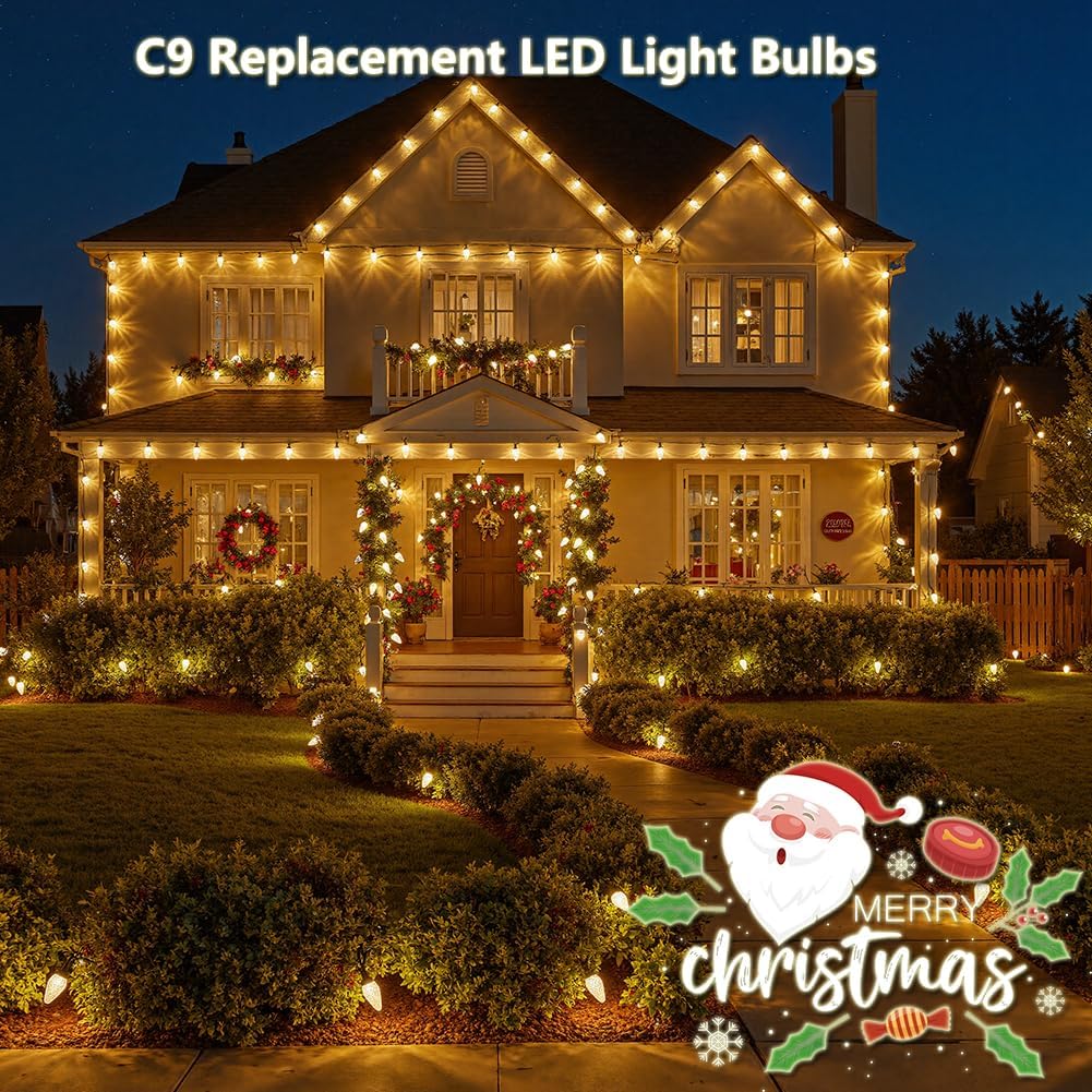 25 Pack C9 LED Christmas Light Bulbs, C9 Replacement Bulbs Shatterproof Dimmable for Christmas String Lights, C9/E17 Base Sockets, Warm White
