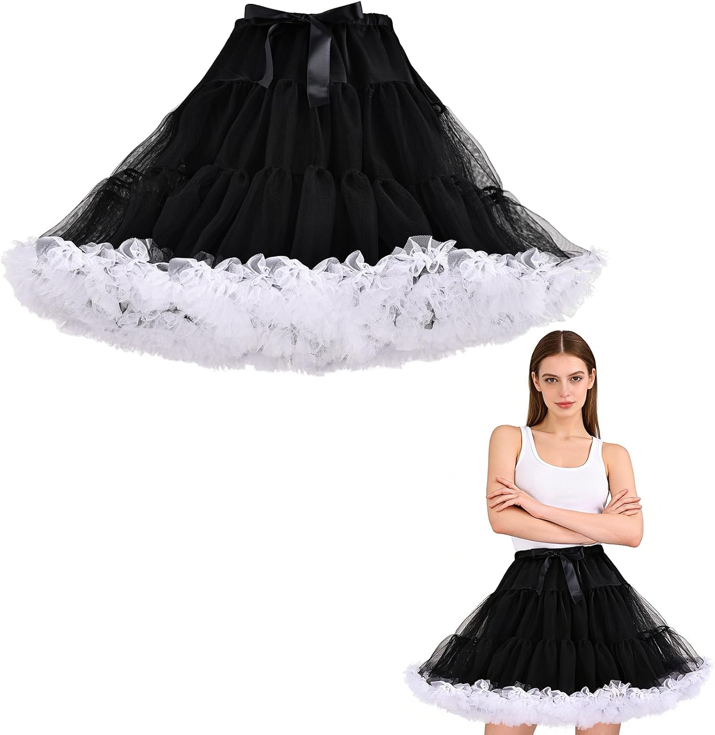 Womens Petticoat Tutu Skirt 3-Layered Pleated Tulle Underskirt Puffy Ballet Party Skirt