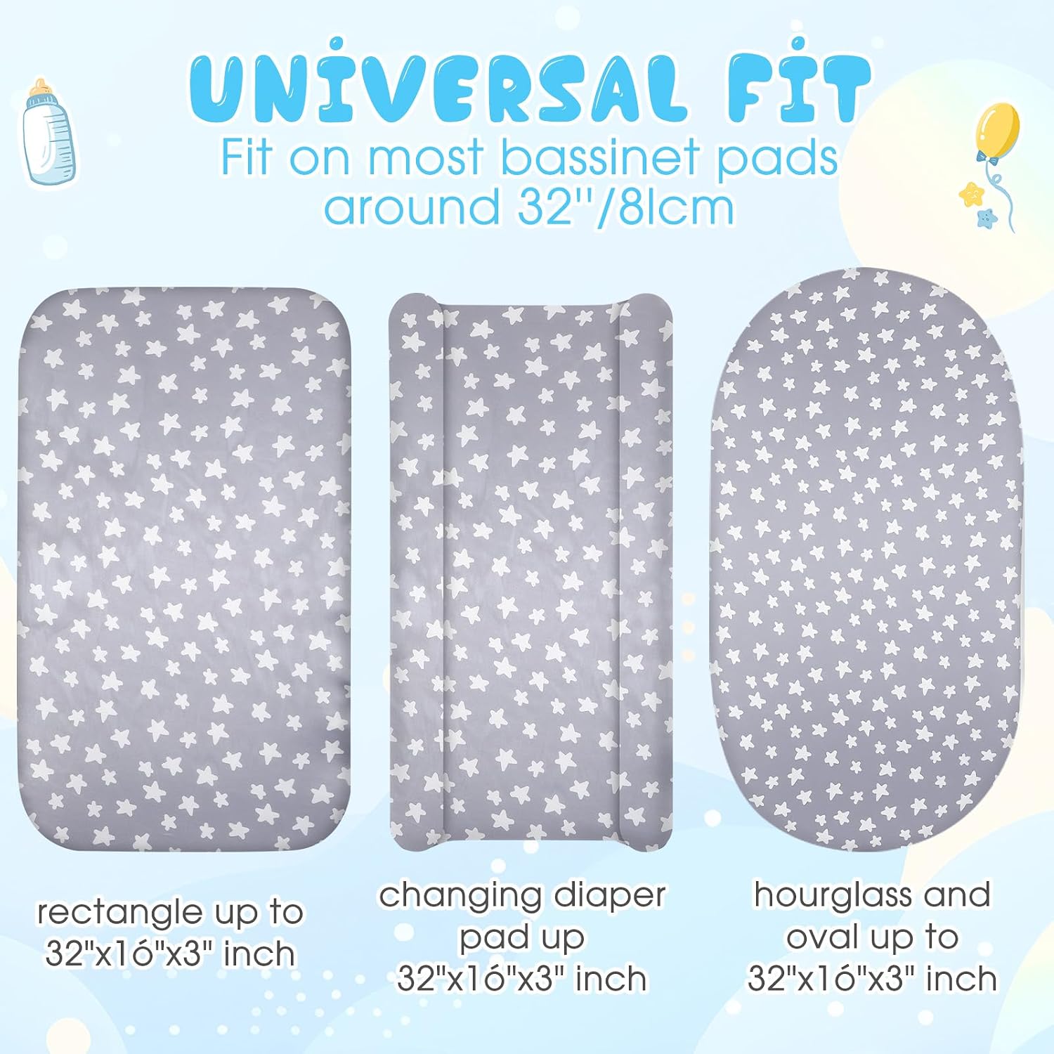Breling 4 Pack Satin Bassinet Sheet Set for Baby Soft Silk Feeling Cradle Sheets for Oval Rectangle Hourglass Bassinet Mattress Pad Protect for Baby Hair Skin (Stars&Clouds&Moon,Gray/White/Blue)
