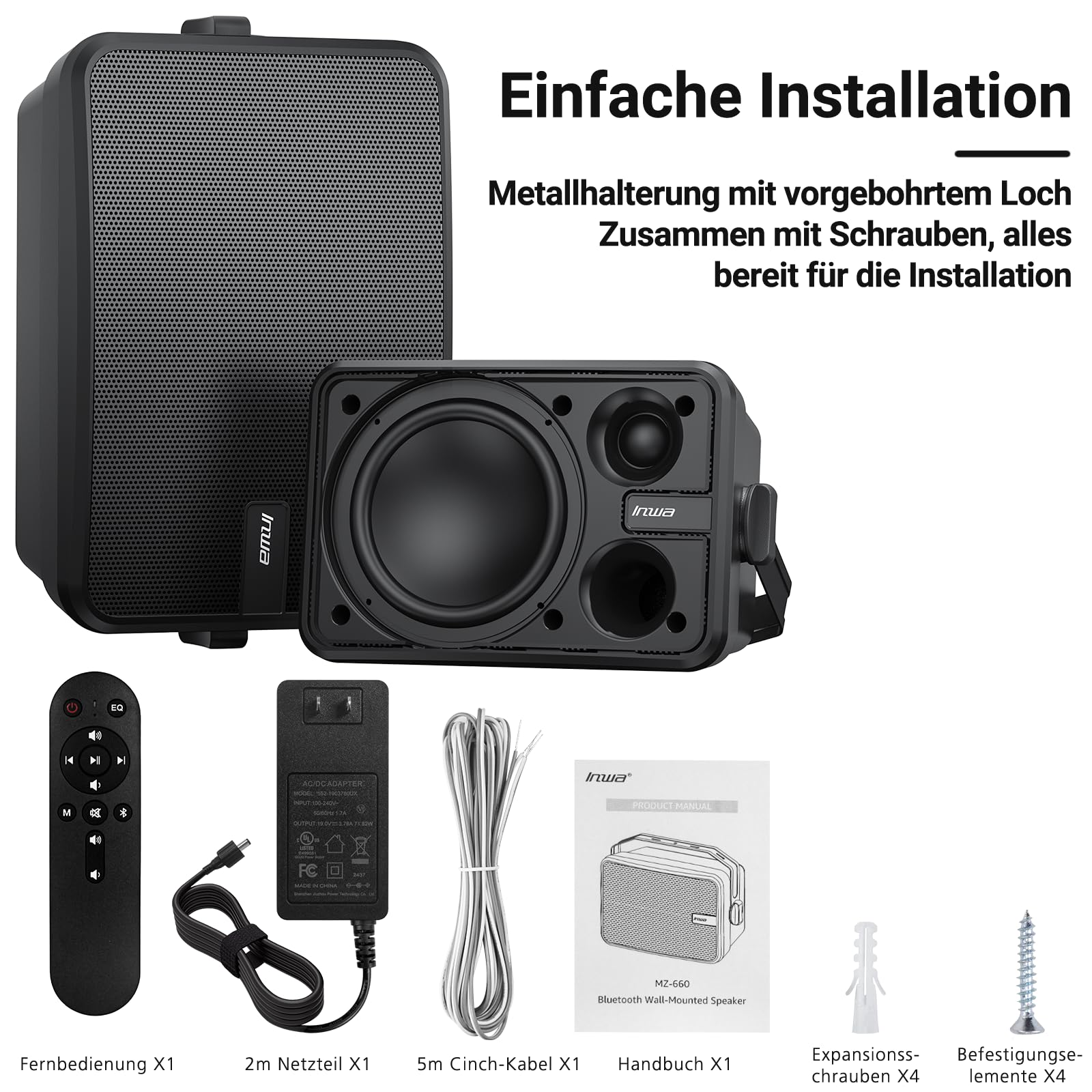 Inwa Outdoor Bluetooth 500W Lautsprecher, Aktiv/Passive Wandhalterung, IPX5, Stereo, Paar, MZ660, RMS 50W