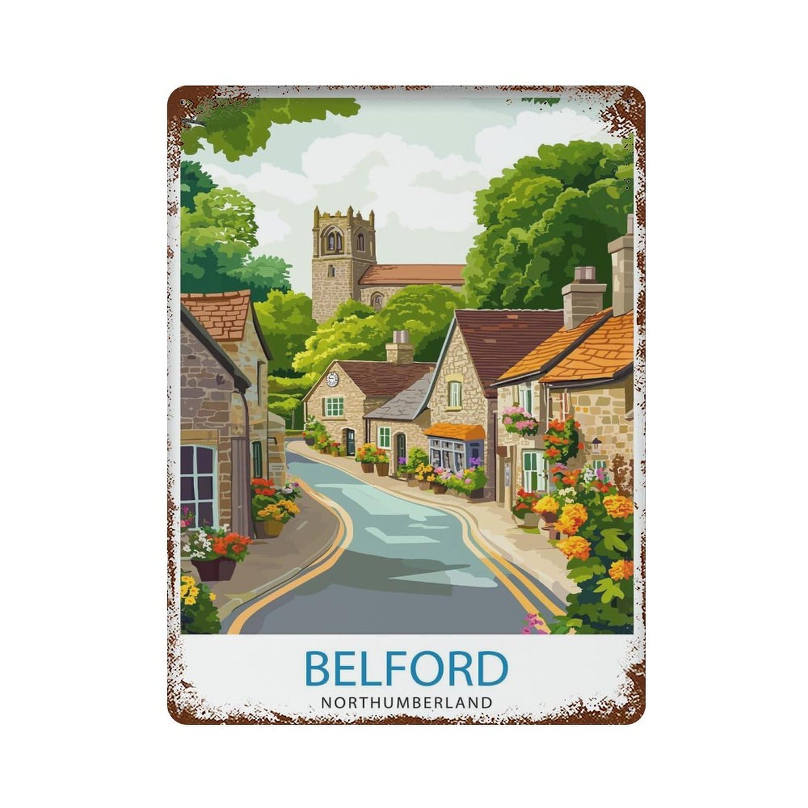 xiaoxiaoshen Belford Northumberland Travel UK Village Scenic British Wall Decor Art Metal Tin Poster Modern Home Decor Art Home Bar Shop Decorations Vintage Sign 40x30cm
