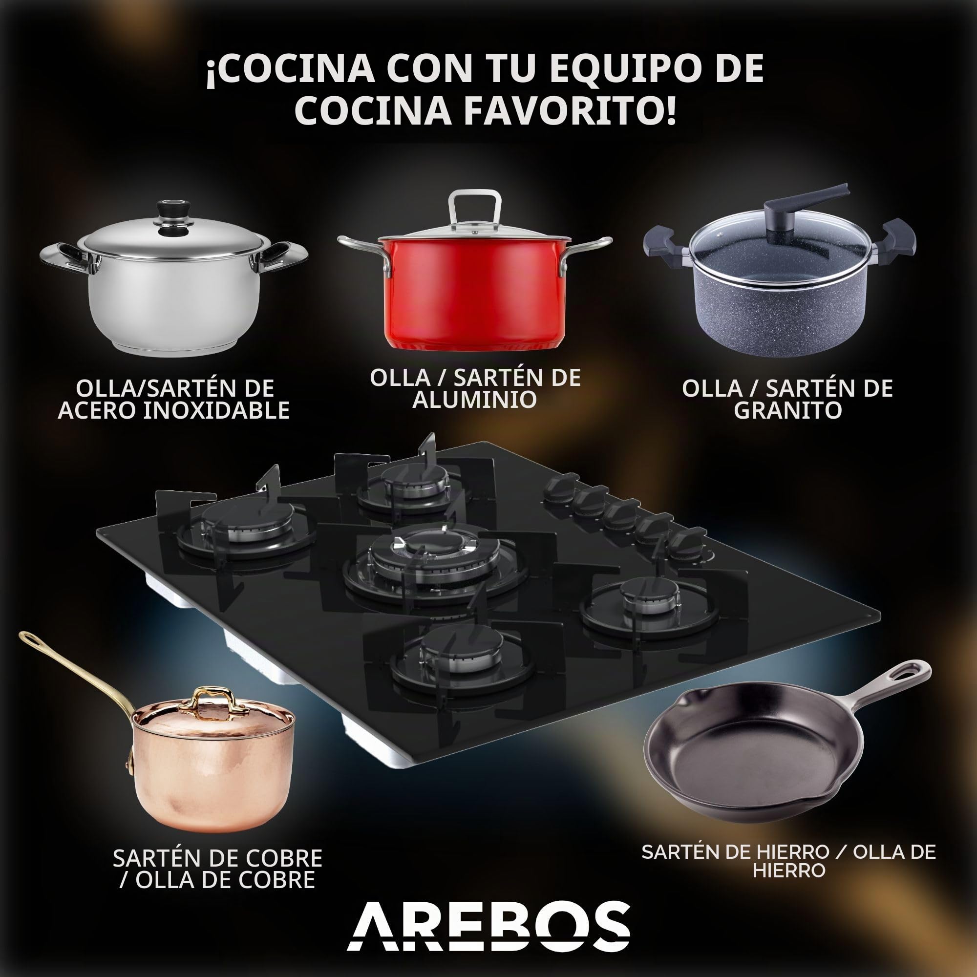 Arebos Placa de gas 70 cm 5 quemadores | Vidrio templado | Empotrable con soportes de hierro fundido | Compatible con gas natural y propano | Encendido seguro integrado