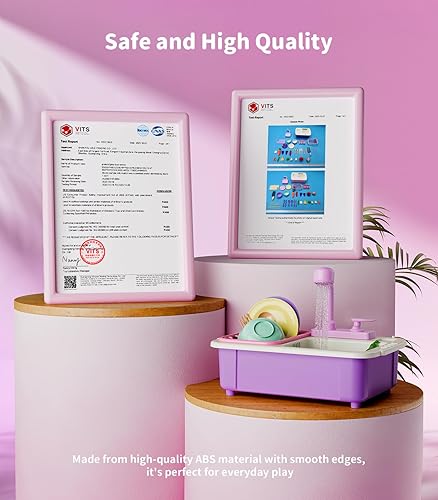 Miniatura 6 de Geyiie Mesa de agua para niños pequeños, fregadero de juegos con agua corriente, grifo real mejorado, escurridor de platos y alimentos para cortar,