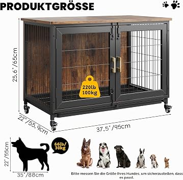 Dog Cage Furniture Dog Box for Home Large / Medium Dogs Side Table Indoor Dog Kennel Heavy Duty Dog House for Home Removable Tray 2 Doors Dog Crate Furniture 95 x 55.9 x 65 cm