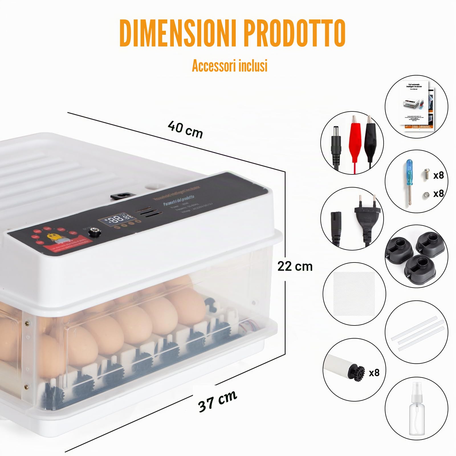 Todeco Incubatrice Automatica 48 Uova, Controllo Temperatura | Rotazione automatica delle uova, aggiunta automatica dell'acqua, portauova regolabile, con ovoscopio LED,doppia alimentazione