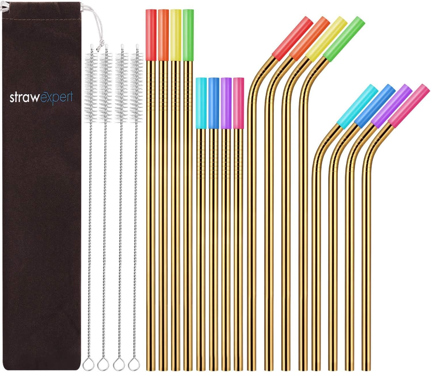 StrawExpert 16 Pack Gold Reusable Metal Straws with Silicone Tip & Travel Case & Cleaning Brush,Long Stainless Steel Straws Drinking Straw for 20 and 30 oz Tumbler