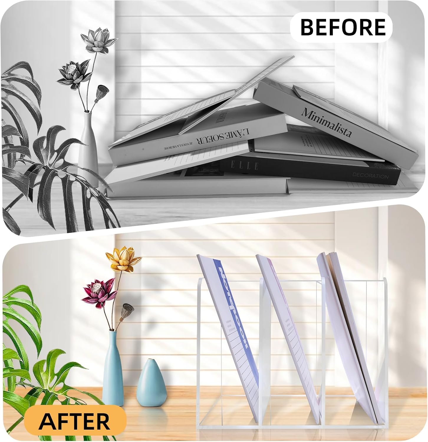 Clear Acrylic Magazine Holder with 3 Compartments, Desktop File Organizer, Vertical Document Sorter for Office Storage,Clear Acrylic Magazine Rack for Home School