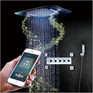 LED Music Thermostatic Rain Shower System Chrome Shower Combo Set 64 Colors Bathroom Shower Faucet Set with 2 Functions Shower Head, 4 Body Jets, Handheld Shower,Phone Control