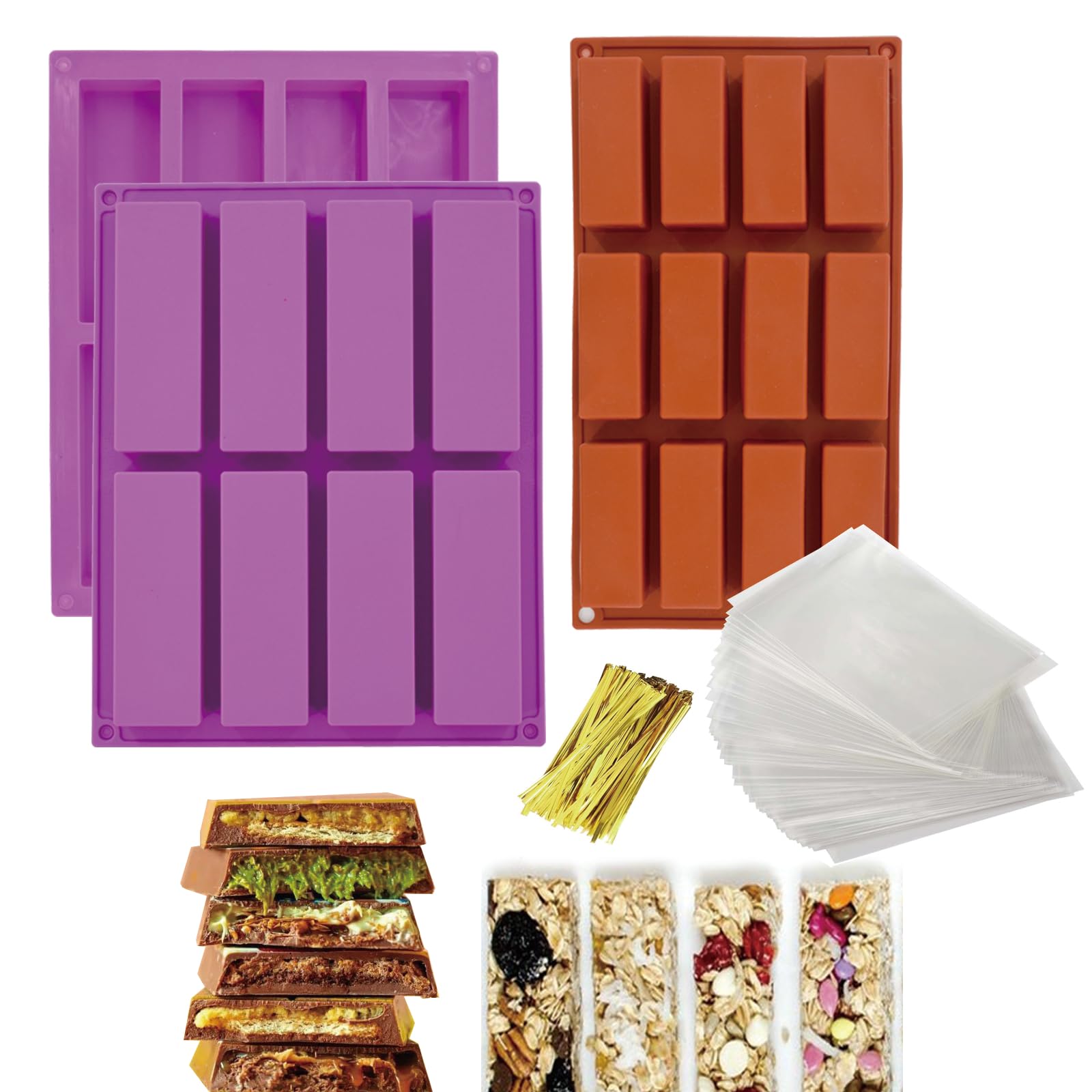 3 Pack Deep Chocolate Bar Mold Rectangle Granola Bar Silicone Mold Nutrition Cereal Bar Molds Energy Bar Maker for Baking Bread Chocolate Truffles Brownie Cornbread Cheesecake Pudding Butter Mould