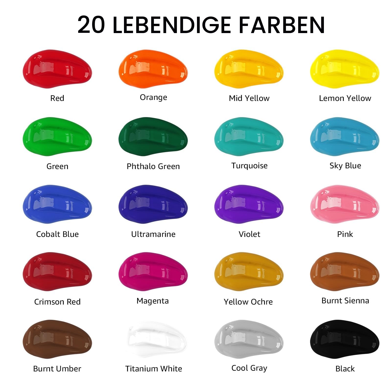 ABEIER Acrylfarben Set, 20 Farben (250 ml), ungiftige Acrylfarbe | mattes Finish, reichhaltige Pigmente, Farben zum Malen auf Leinwand Handwerk Holz Keramik, ideal für Anfänger und Studenten
