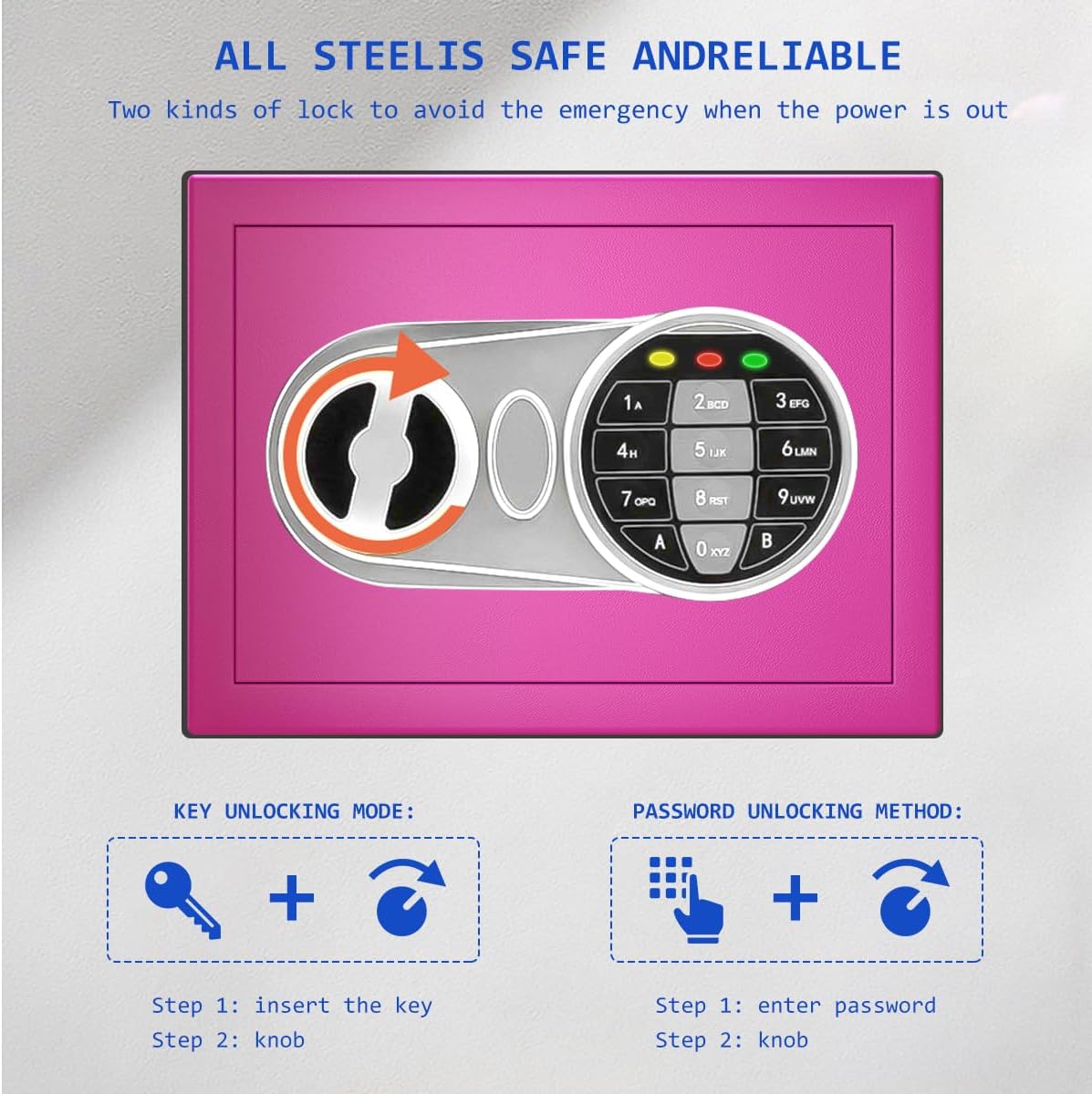 Pink Safe Box with Sensor Light, Electronic Digital Keypad, Steel Construction, Hidden, Small Safe for Office, Home, Hotel