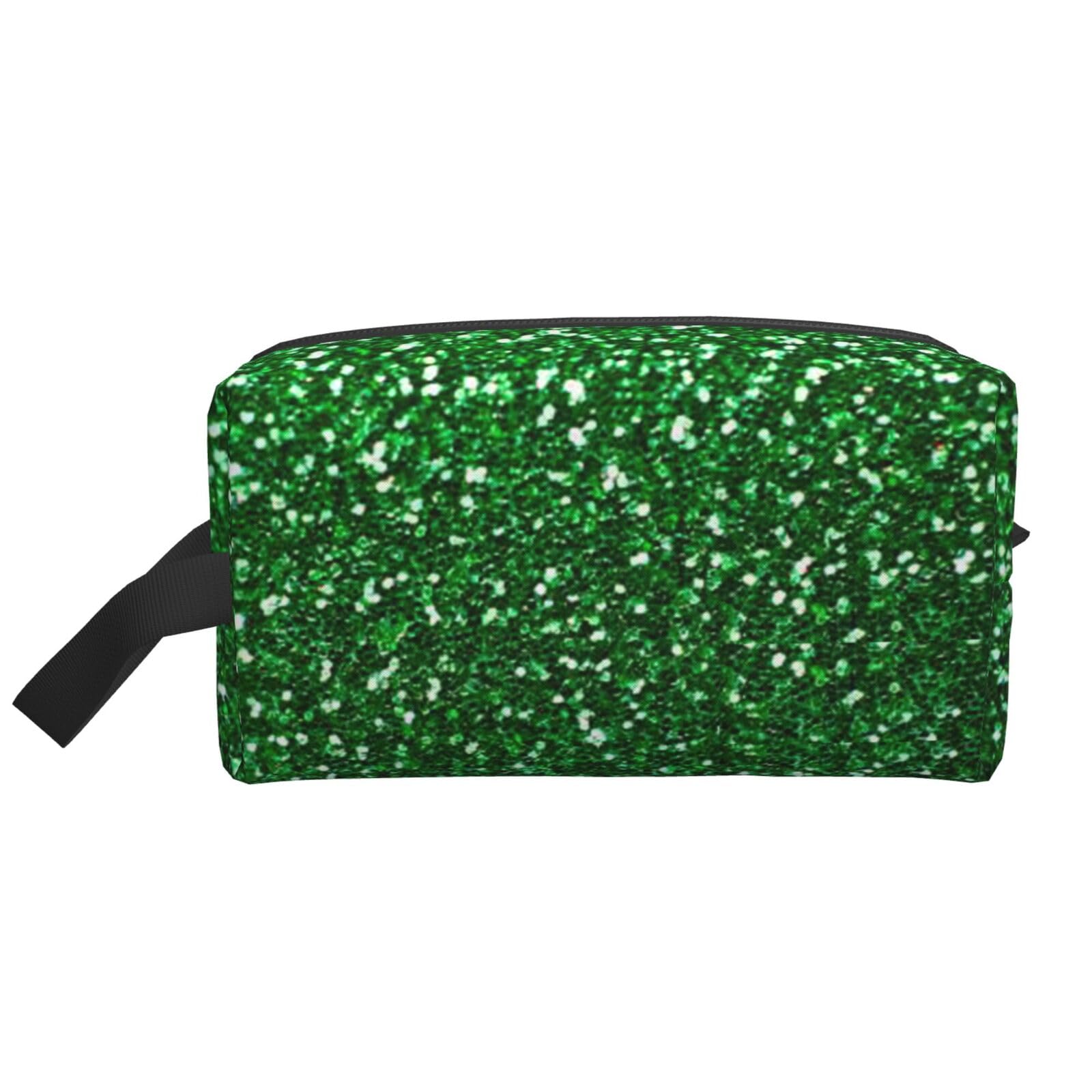 Ercgad Unisex White Green Sequin Sparkle Print Large Capacity Travel Toiletry Bag Cosmetic Pouch Daily Storage Makeup Case