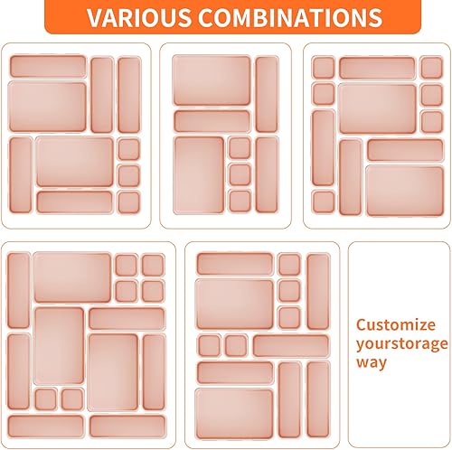 Miniatura 7 de Paquete de 45 bandejas organizadoras de cajones de plástico color rosa, almacenamiento de 3 tamaños para cocina, baño, oficina, tocador, maquillaje,