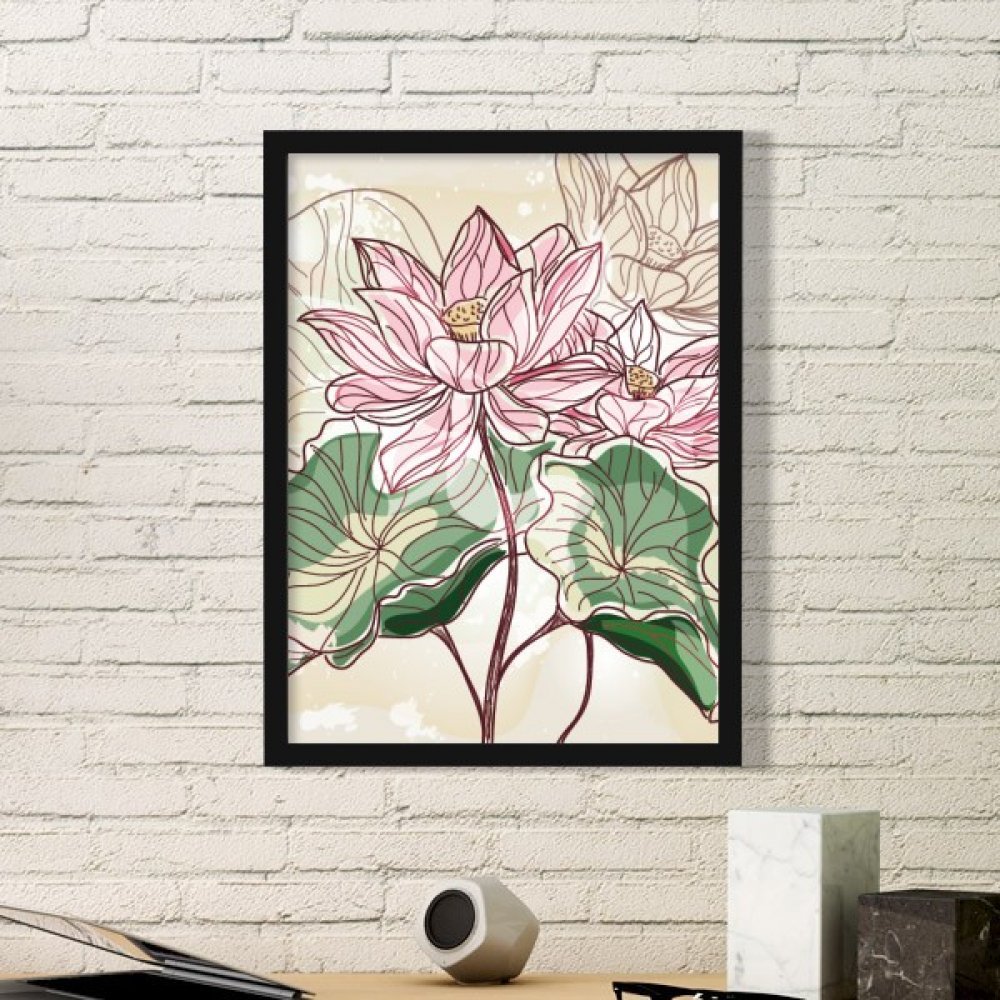 Cadre photo en bois noir et peinture de lotus, idée cadeau déco originale
