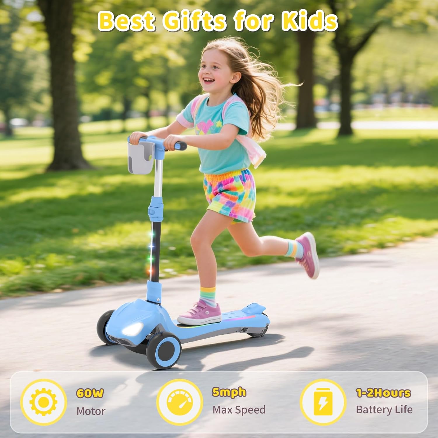 SIMATE Electric Scooter for Kids Ages 3-12, 3 Adjustable Heights, Foldable & LED Display & Thumb Throttle, 5MPH Safe Speed, 90min Riding, Full Body Lights Up, 3 Wheel E-Scooter for Kids Boys Girls