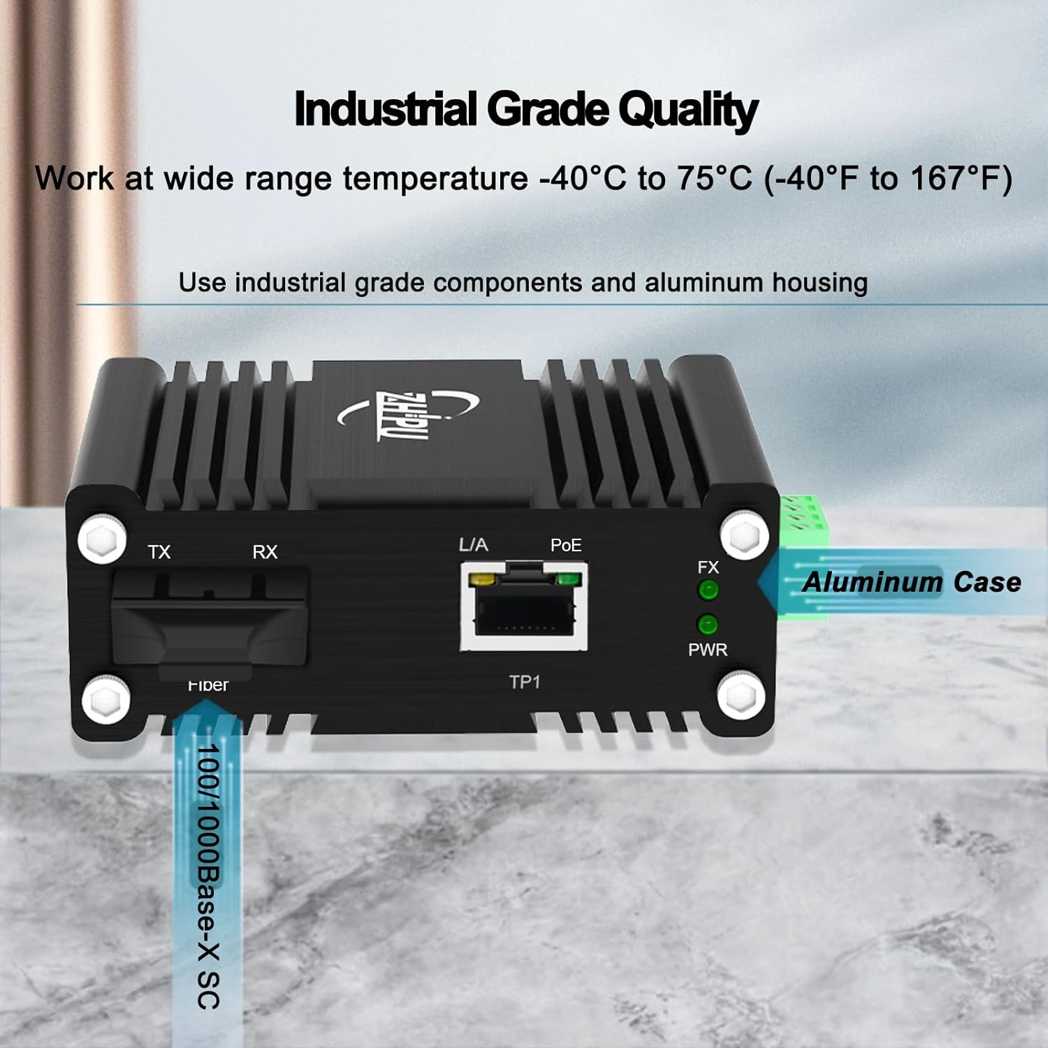 Industrial Gigabit Media Converter, 1x 10/100/1000Base-T RJ45 to 1x 1000Base-X SC Single Mode Fiber (30W PoE+ Output), Up to 20km, Dual 12-48V DC Input, DIN Rail Mount, for CCTV & IP Camera Systems