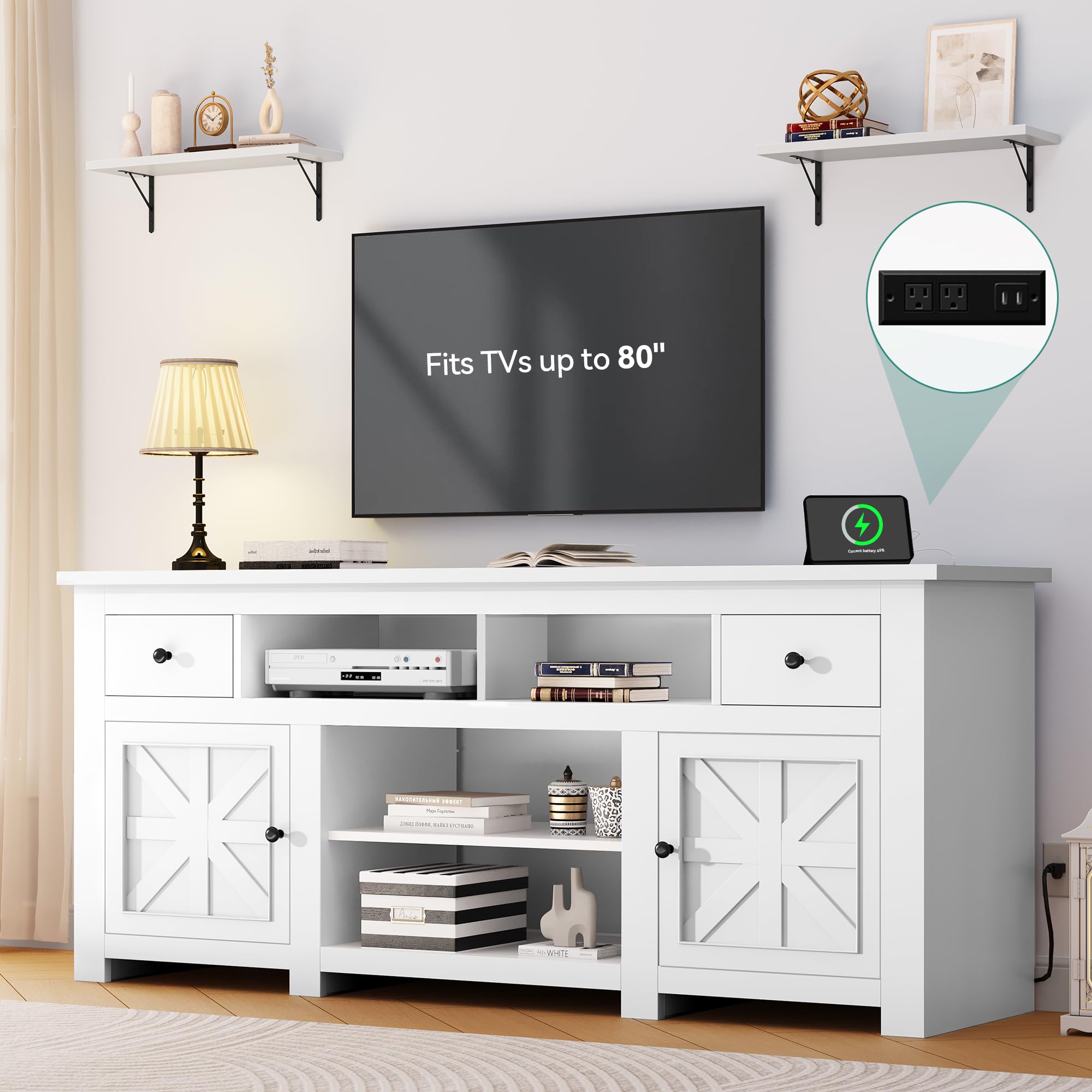 YITAHOME Farmhouse TV Stand, Entertainment Center with Power Outlet for TVs Up to 80 Inch, TV Console with Movable Partition & Storage Shelf, Rustic TV Stand for Living Room, White