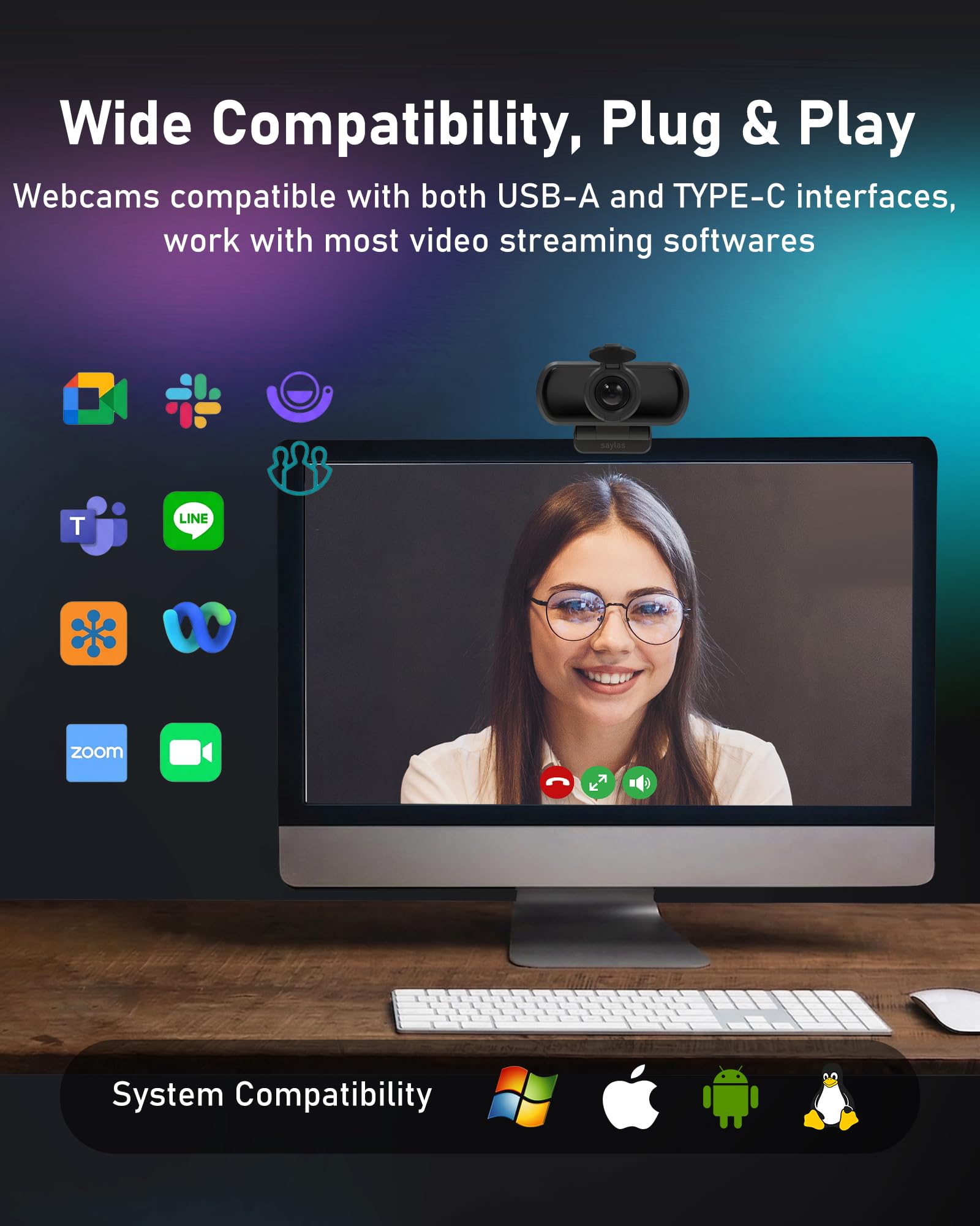 saylas Kamera internetowa 1080P do komputera z mikrofonem, 100° FOV, kamera internetowa USB z osłoną prywatności i statywem, kamera komputerowa Plug & Play do rozmów online, Zoom/zespołów/Facetime